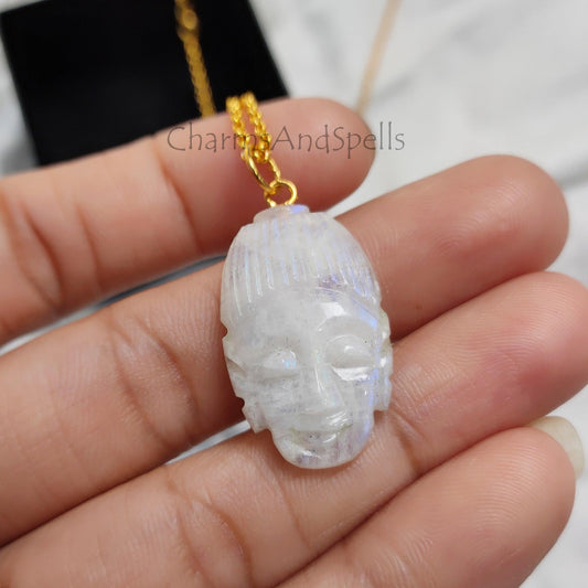 Blue Rainbow Moonstone Buddha Face Carving Pendant Necklace, Gold Plated Pendant Necklace, Moonstone Pendant, Face Carving Gemstone Jewelry - Charms And Spells