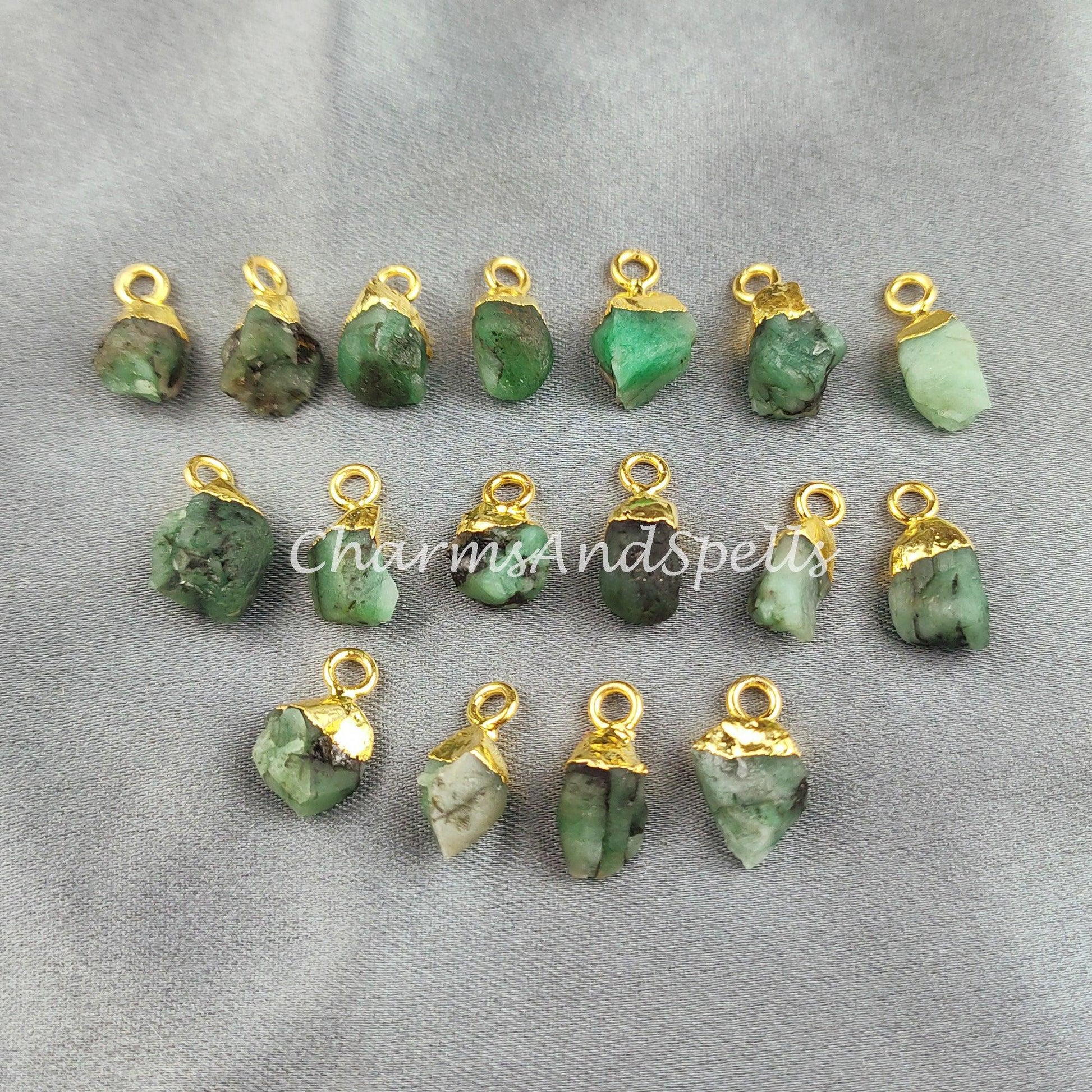 Raw Emerald Charm, Gold Electroplated Pendant Connectors, Rough Gemstone Connectors, Birthstone Connectors, Making Jewelry - Charms And Spells