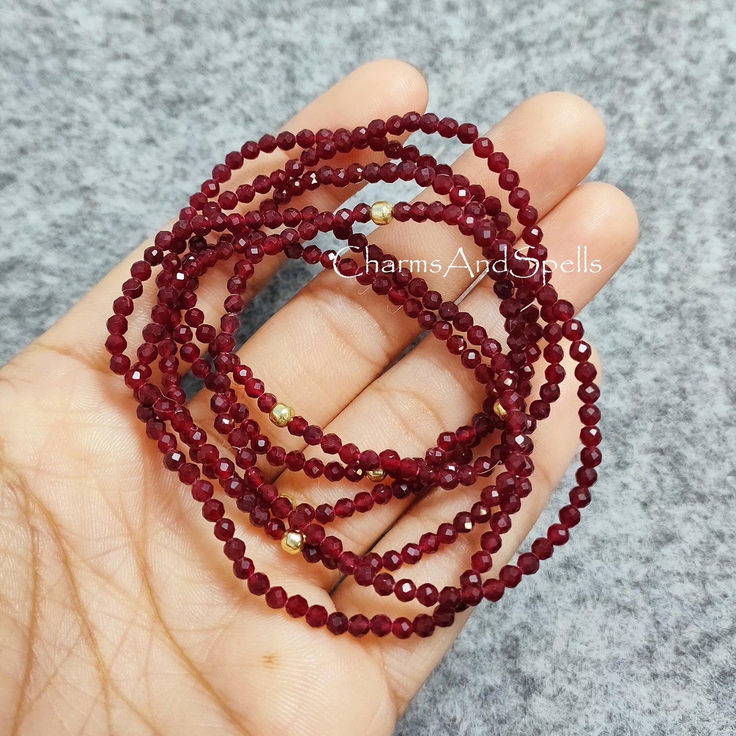 Garnet Bracelet, Beaded Red Gemstone Elastic Stacking Jewelry, Delicate Stretch Faceted Small Beads Bracelet, Boho Statement Bracelet, Gift - Charms And Spells