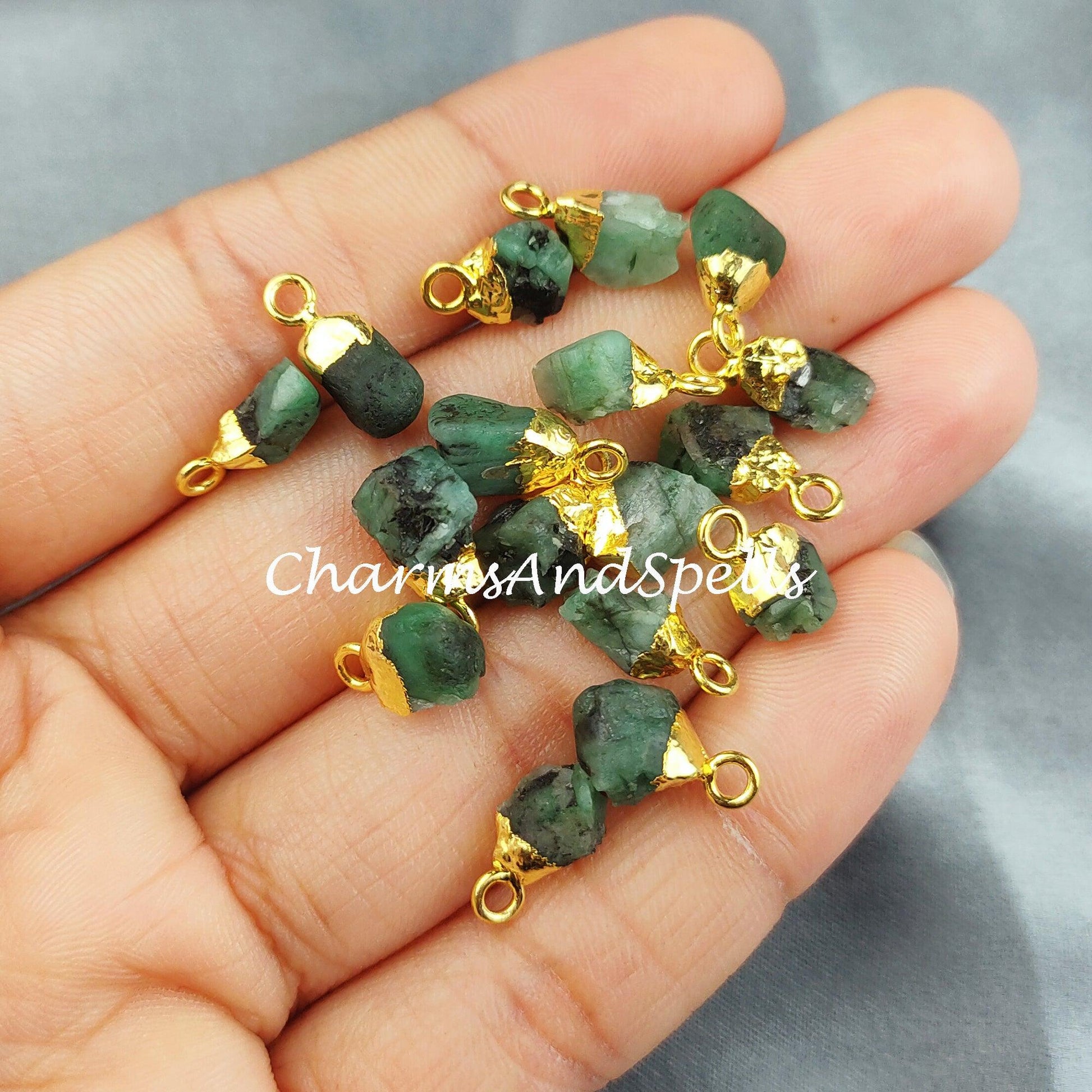 Raw Emerald Charm, Gold Electroplated Pendant Connectors, Rough Gemstone Connectors, Birthstone Connectors, Making Jewelry - Charms And Spells