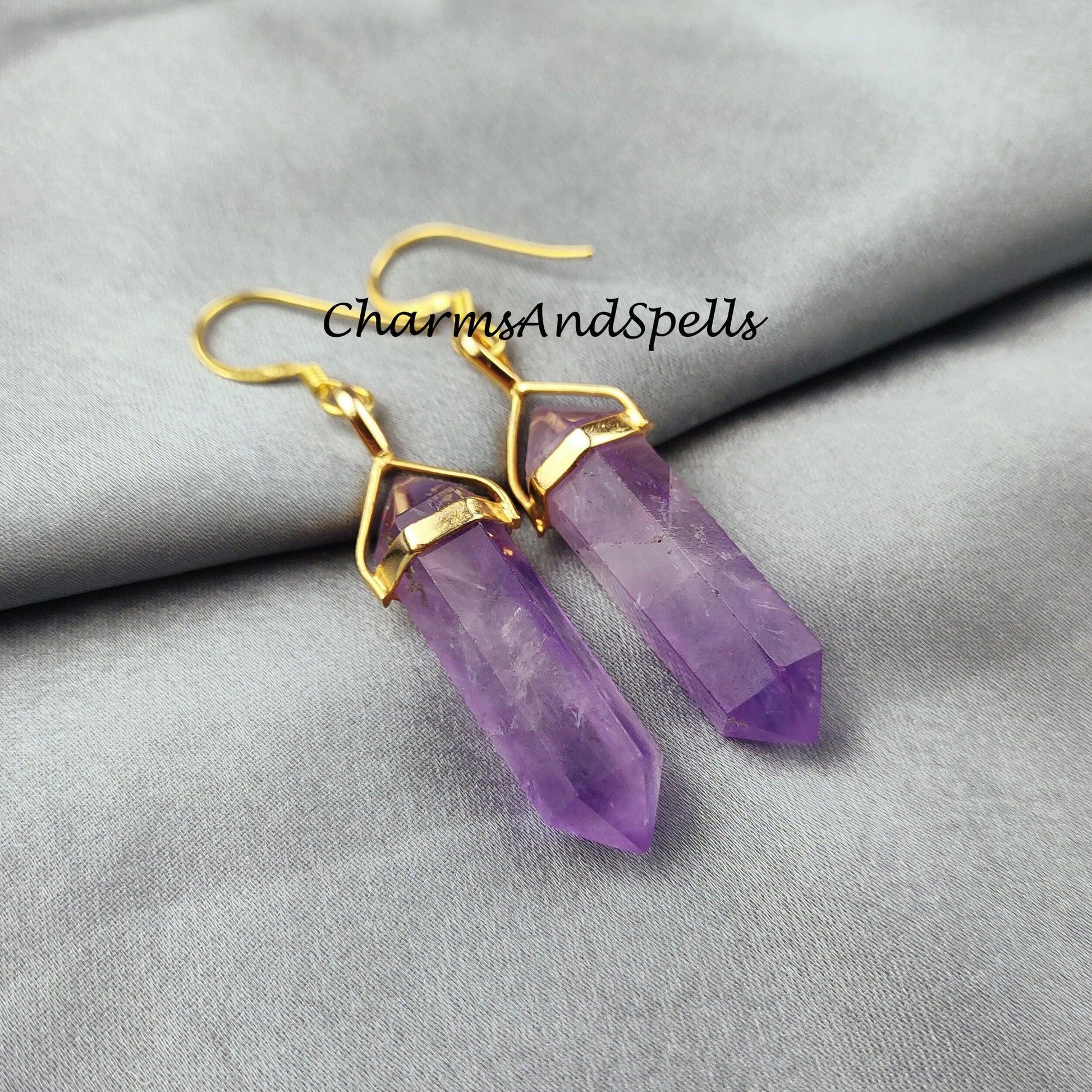 Amethyst Earrings, Pencil Earring, Dangle Earring, Gold Plated Earring, Gemstone Earring, Birthstone Earring - Charms And Spells