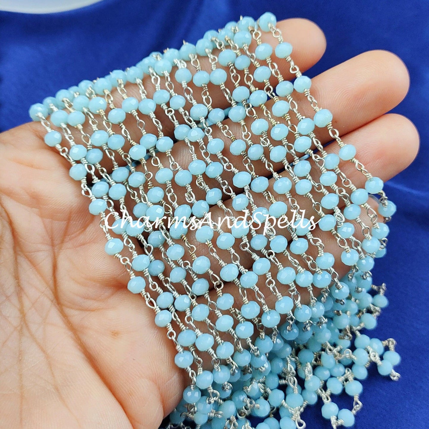 1 Feet Chain, Finished Chalcedony Beaded Chain, Wire Wrapped Beaded Chain, Rosary Bead Chain Semi Precious, Blue Chalcedony, DIY Jewelry Making Chain - Charms And Spells