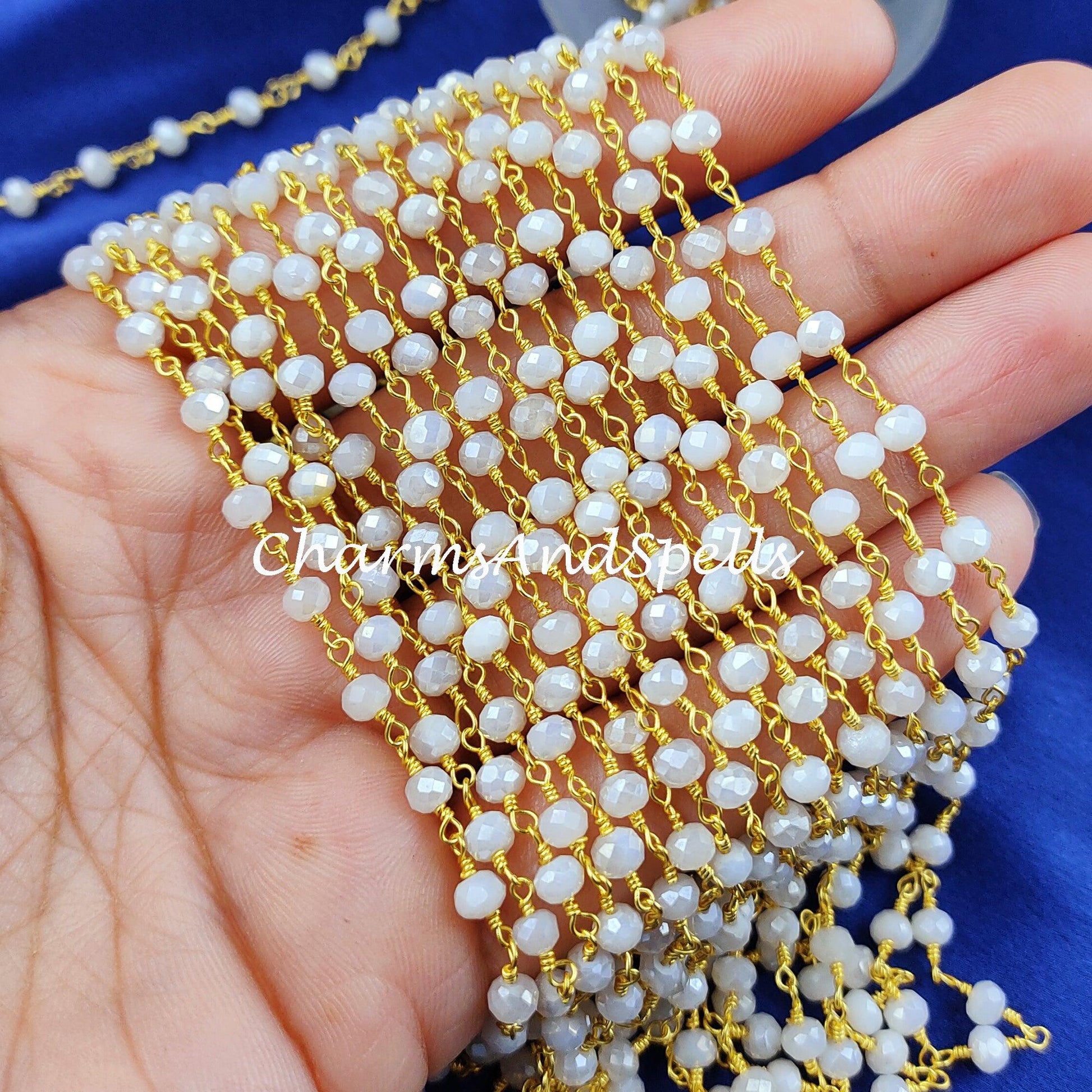 1 Feet Chain Sale!!!! White Agate Bead Chain, Healing Necklace Chain, Wire Wrapped Chain With Charm, Rosary Bead Chain, White Gemstone Chain, Boho Chain - Charms And Spells