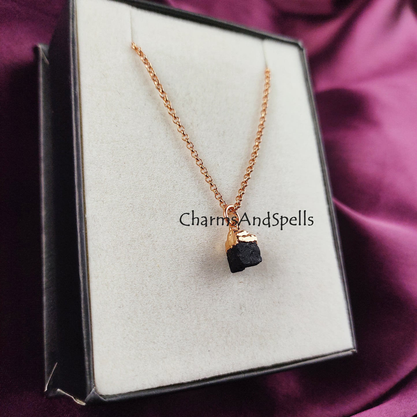 Black Tourmaline Necklace, Rose Gold Plated Necklace, Raw Tourmaline Stone Necklace, Grounding Stone Necklace, Crystal Protection Pendant