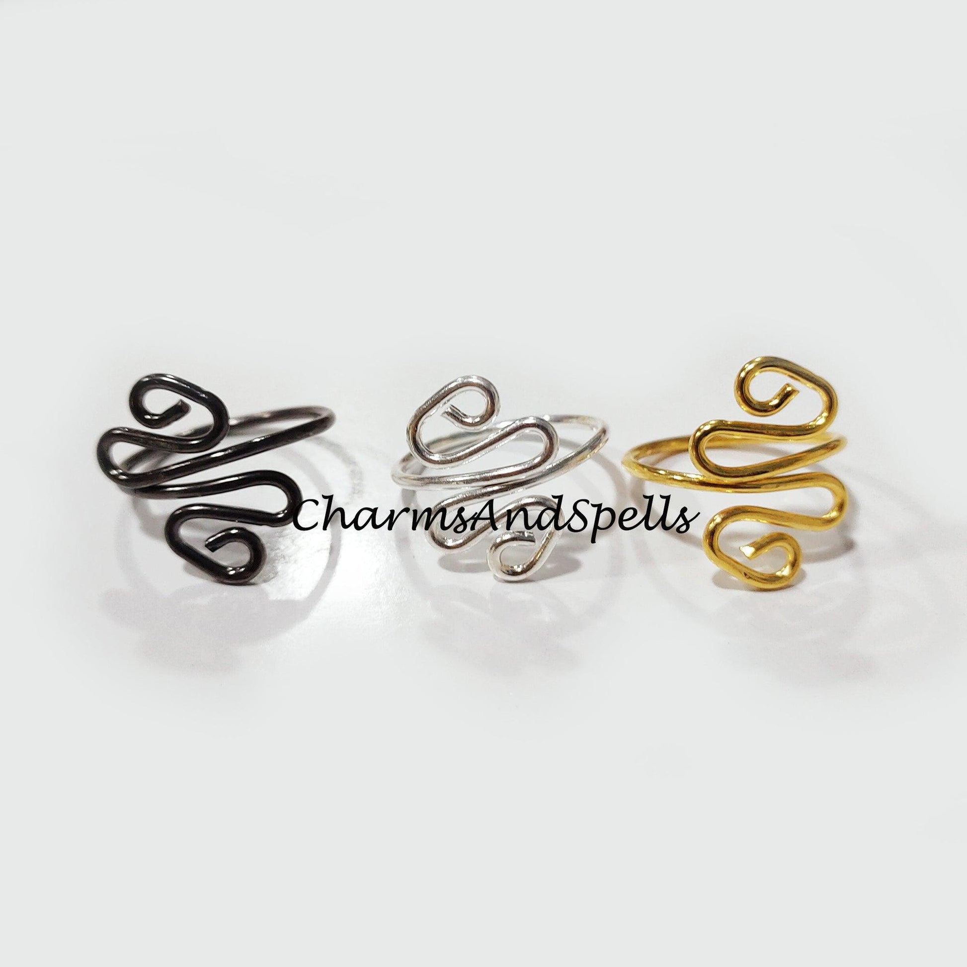 Artisan Ring, Black, Gold, Silver Plated Rings, Wire Wrapped Ring, Adjustable Ring, Wire Wrapped Jewelry, Silver Plated Ring - Charms And Spells