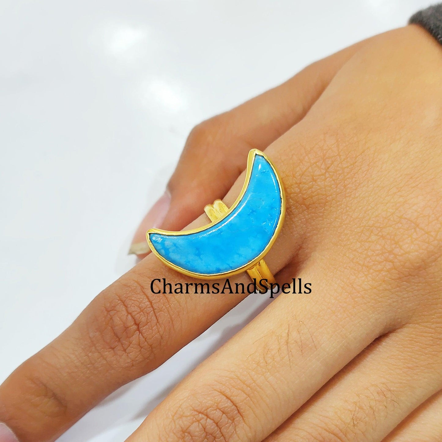 Turquoise Moon Ring, Dainty Ring, Turquoise Howlite Ring, Statement Ring, Gift For Her, Imitation Jewelry, Women Ring - Charms And Spells