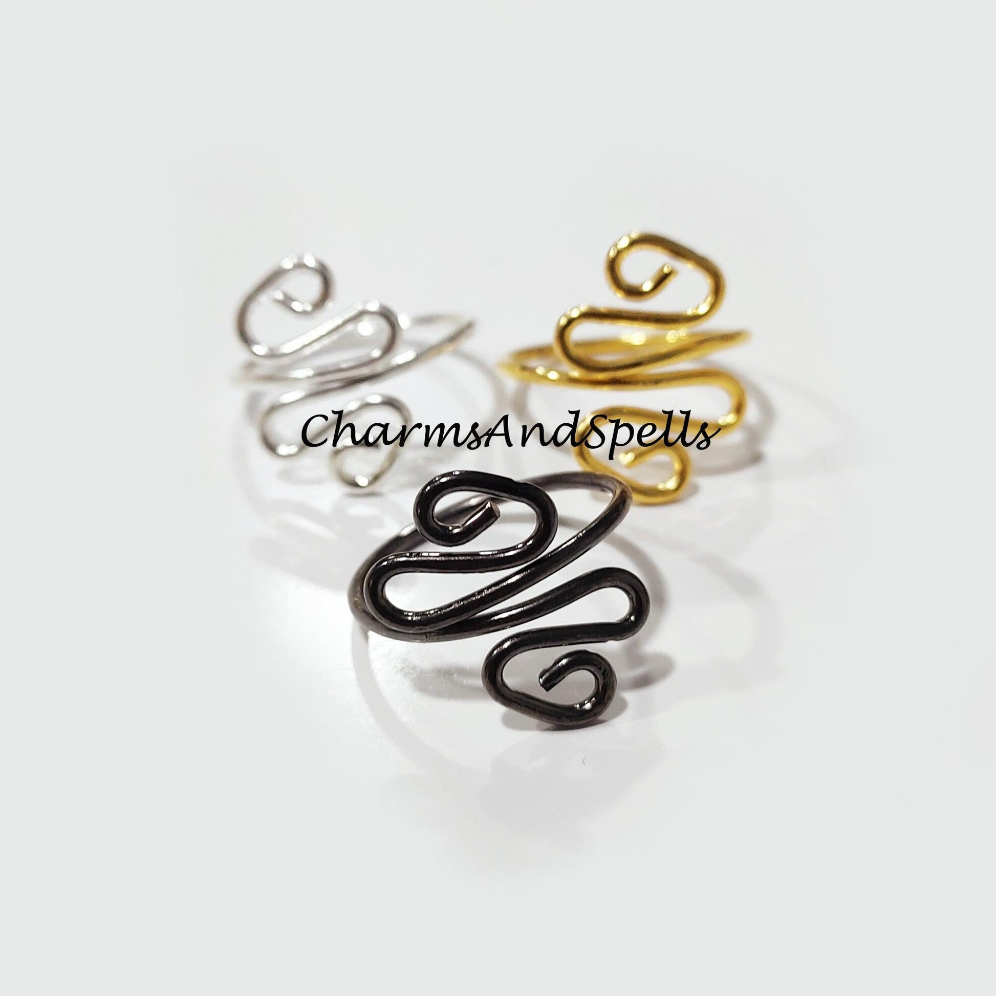 Artisan Ring, Black, Gold, Silver Plated Rings, Wire Wrapped Ring, Adjustable Ring, Wire Wrapped Jewelry, Silver Plated Ring - Charms And Spells