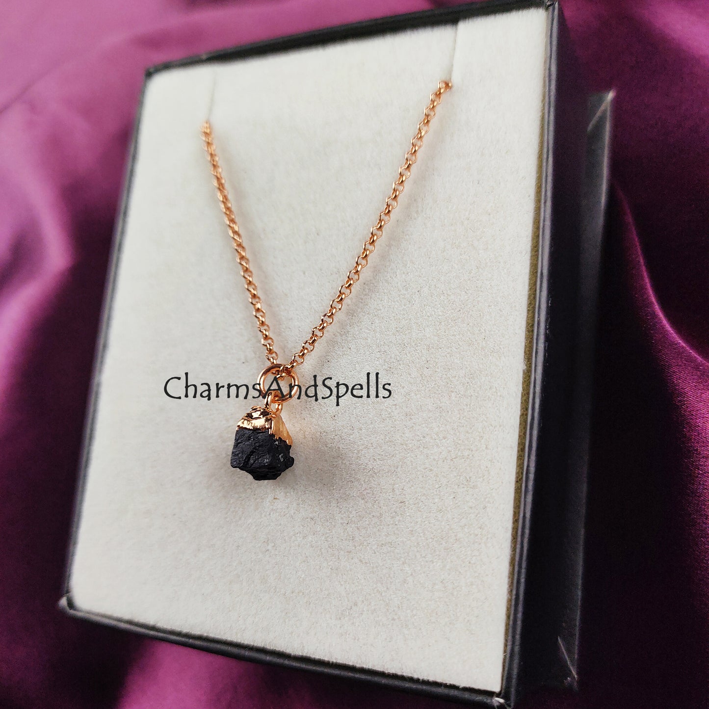 Black Tourmaline Necklace, Rose Gold Plated Necklace, Raw Tourmaline Stone Necklace, Grounding Stone Necklace, Crystal Protection Pendant