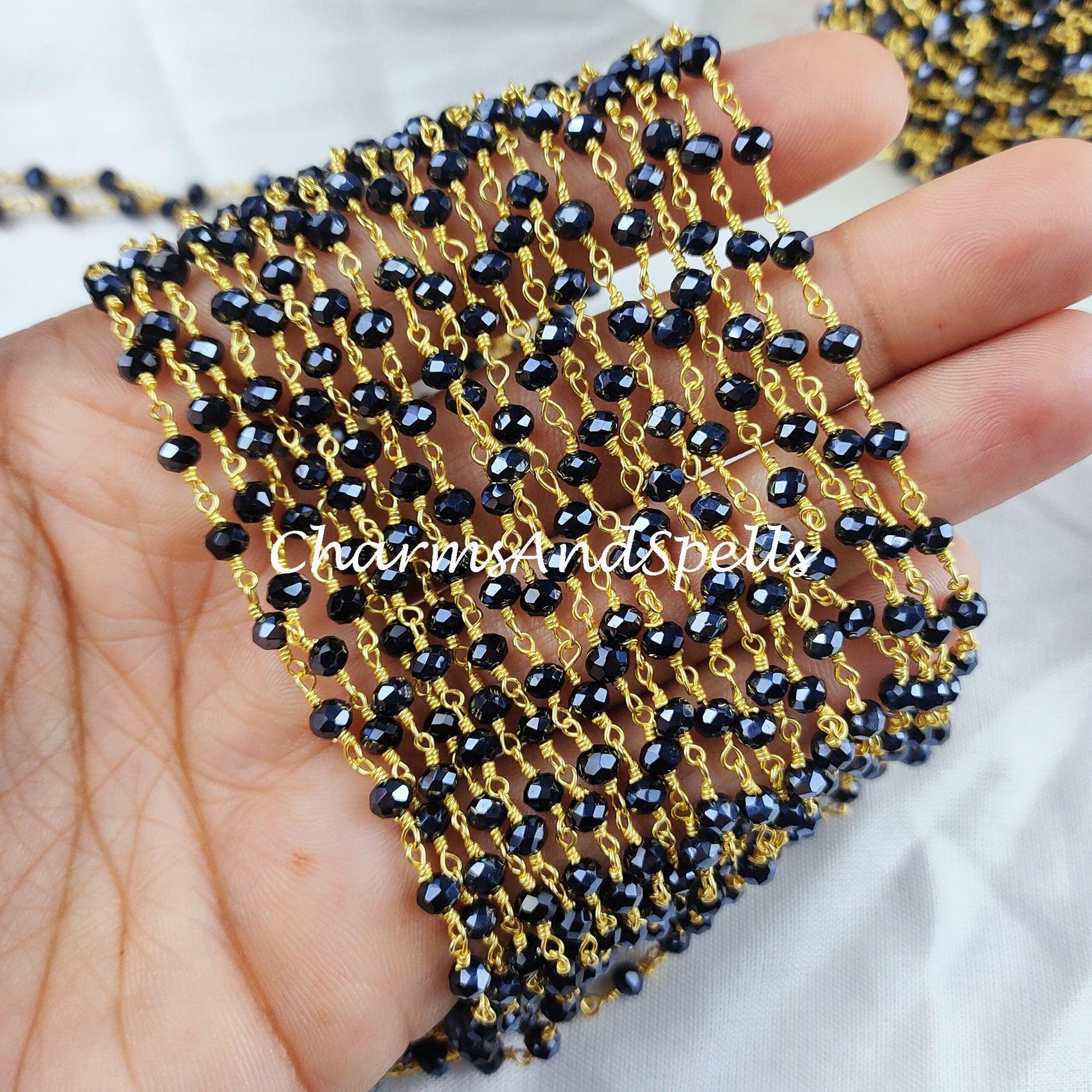 1 Feet Chain, Black Onyx Beaded Rosary Chain, Rondelle Faceted 5.5-6mm, 14K Gold Plated Chain, Jewelry Findings, Rosary Chain Rolls - Charms And Spells