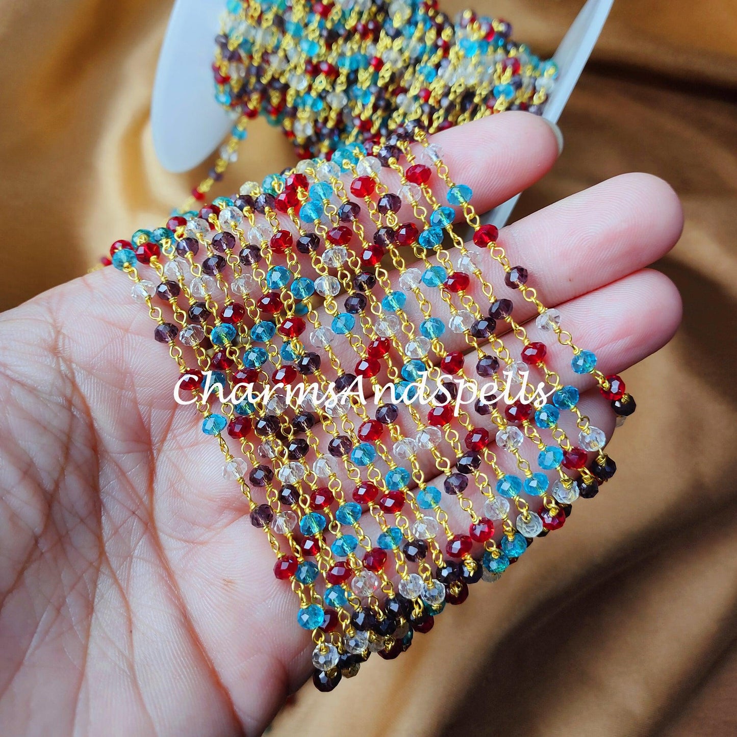 1 Feet Chain, Multi Colored Rosary Chain, Rondelle Beads Chain, Gold Plated Rosary, DIY Jewelry Making Supply, Bead Size 4-4.5mm, Body Chain - Charms And Spells