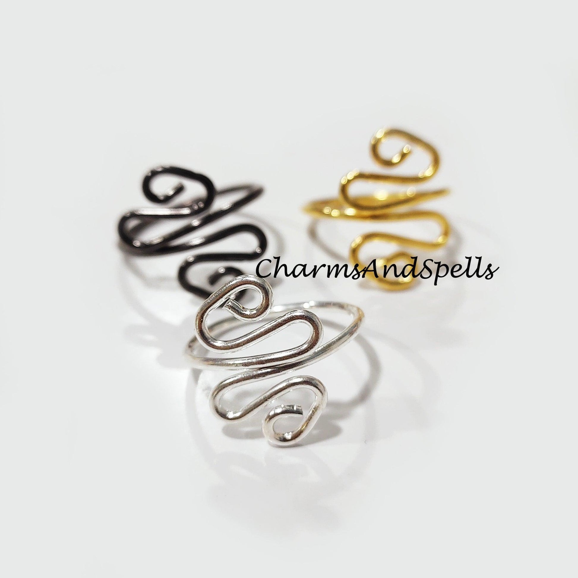 Artisan Ring, Black, Gold, Silver Plated Rings, Wire Wrapped Ring, Adjustable Ring, Wire Wrapped Jewelry, Silver Plated Ring - Charms And Spells