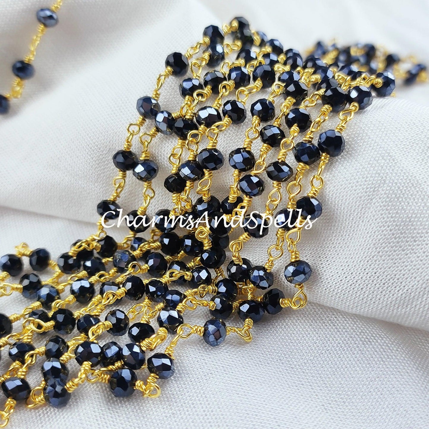 1 Feet Chain, Black Onyx Beaded Rosary Chain, Rondelle Faceted 5.5-6mm, 14K Gold Plated Chain, Jewelry Findings, Rosary Chain Rolls - Charms And Spells