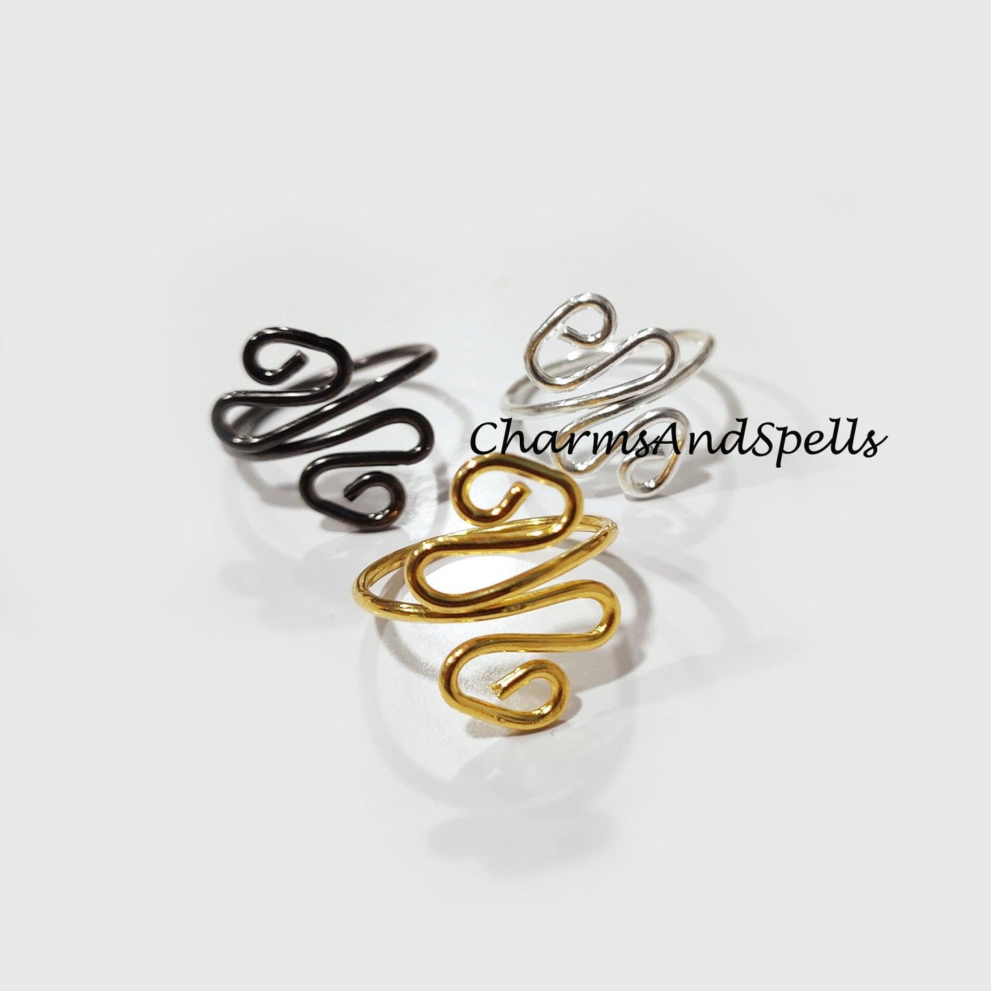 Artisan Ring, Black, Gold, Silver Plated Rings, Wire Wrapped Ring, Adjustable Ring, Wire Wrapped Jewelry, Silver Plated Ring - Charms And Spells