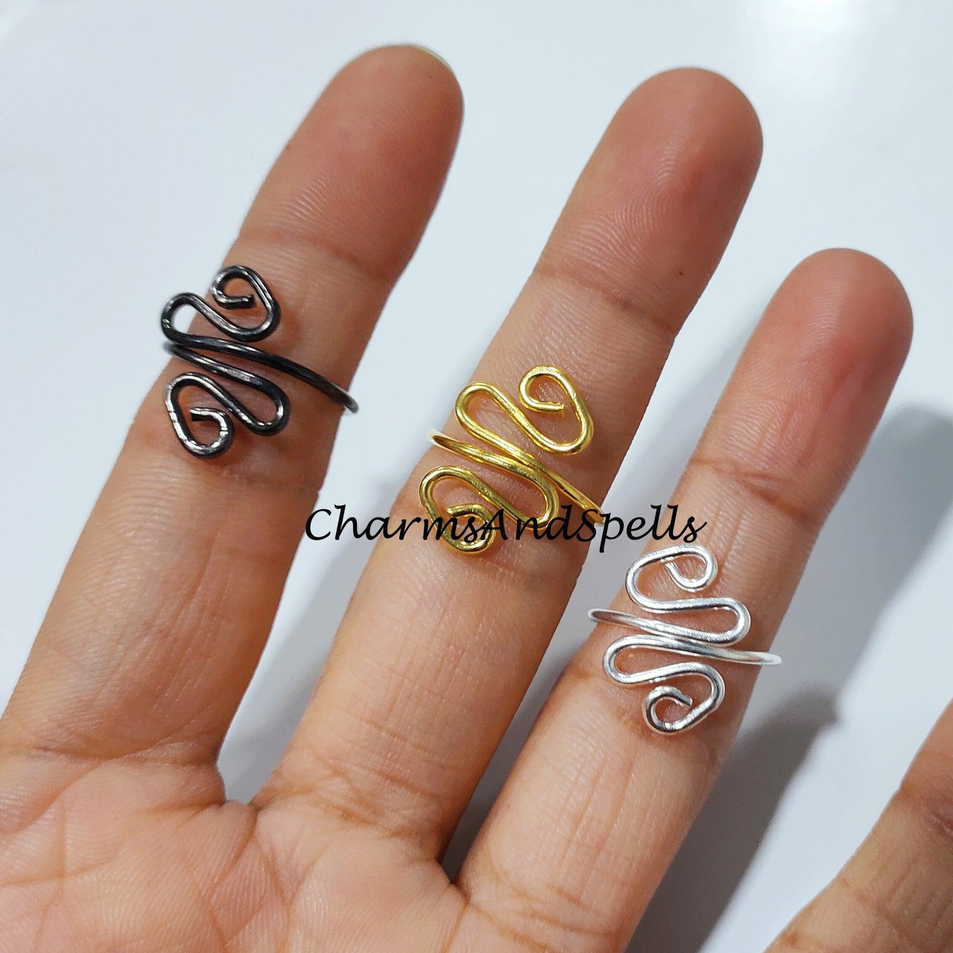 Artisan Ring, Black, Gold, Silver Plated Rings, Wire Wrapped Ring, Adjustable Ring, Wire Wrapped Jewelry, Silver Plated Ring - Charms And Spells