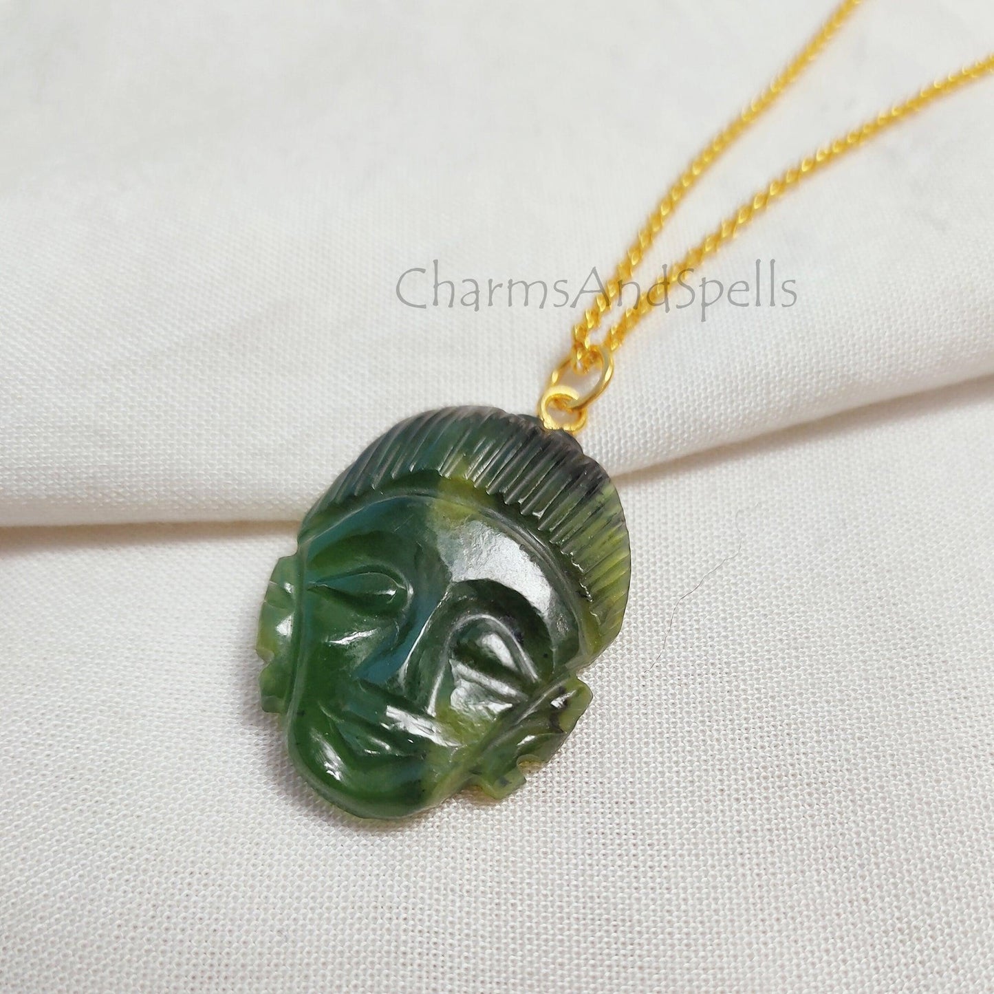 Green Aventurine Buddha Face Carving Necklace, Gold Plated Gemstone Pendant, Buddha Carving Pendant, Hand Carved Pendant, Beautiful Pendant - Charms And Spells