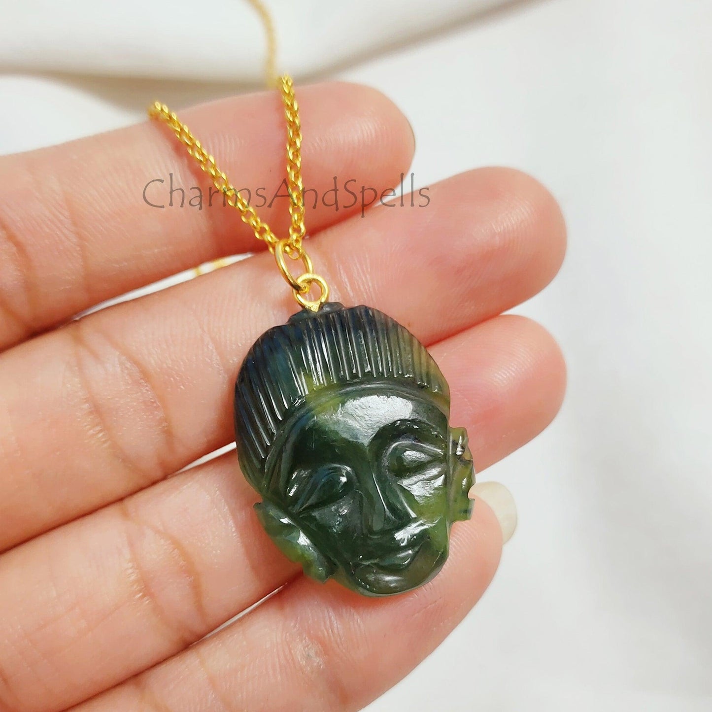 Green Aventurine Buddha Face Carving Necklace, Gold Plated Gemstone Pendant, Buddha Carving Pendant, Hand Carved Pendant, Beautiful Pendant - Charms And Spells