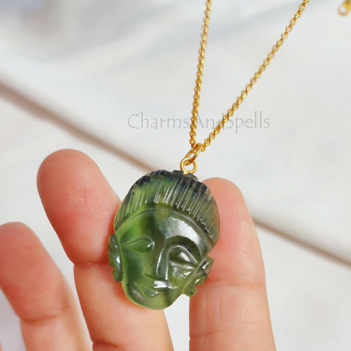 Green Aventurine Buddha Face Carving Necklace, Gold Plated Gemstone Pendant, Buddha Carving Pendant, Hand Carved Pendant, Beautiful Pendant - Charms And Spells