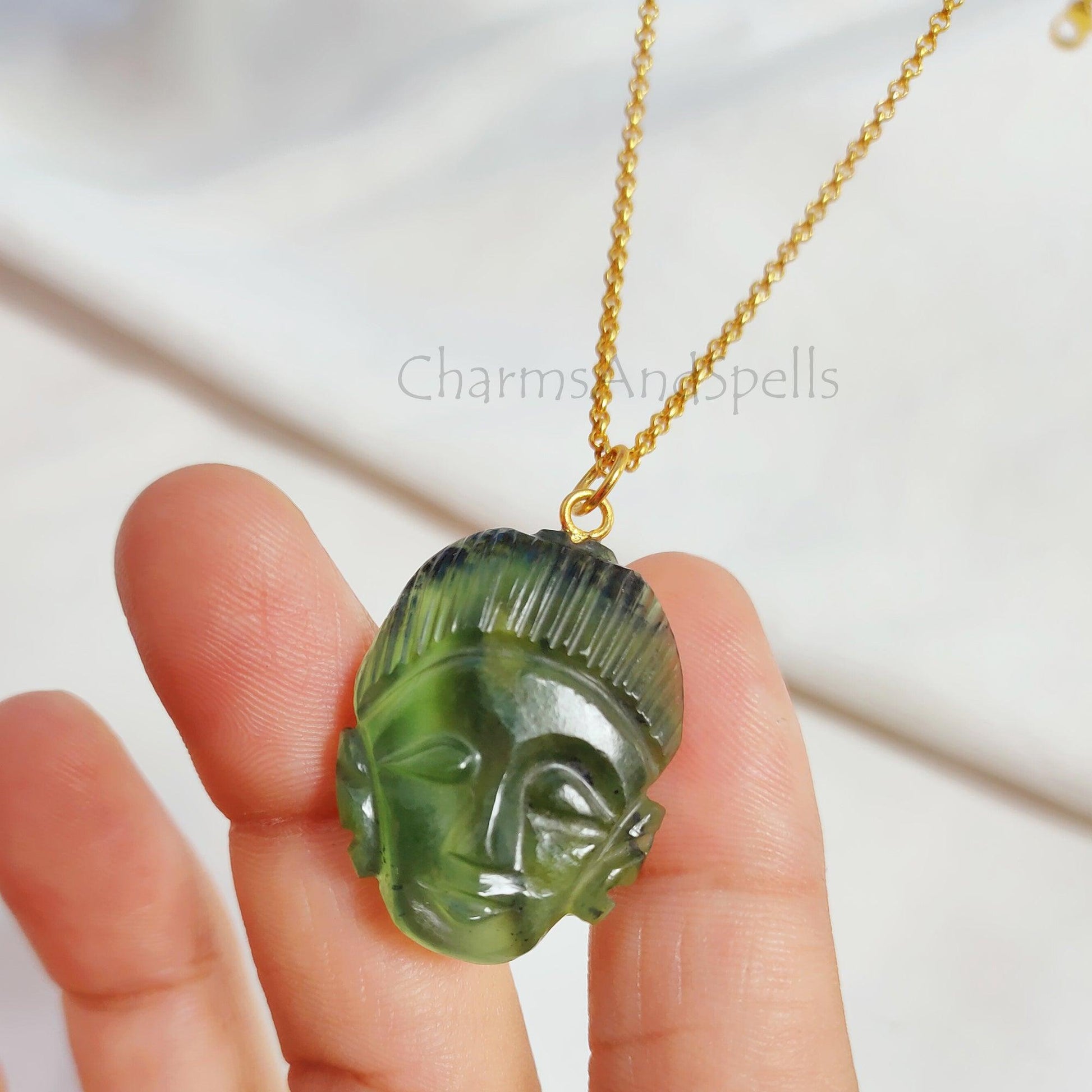 Green Aventurine Buddha Face Carving Necklace, Gold Plated Gemstone Pendant, Buddha Carving Pendant, Hand Carved Pendant, Beautiful Pendant - Charms And Spells