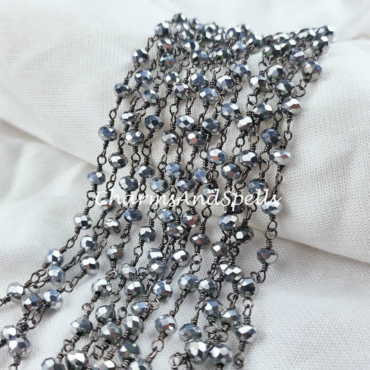 1 Feet Chain, Silver Coted Pyrite Rondelle Rosary Chain, Rondelle Gemstone Beads, Pyrite Beaded Chain, Black Plated Chain, DIY Necklace Chain - Charms And Spells