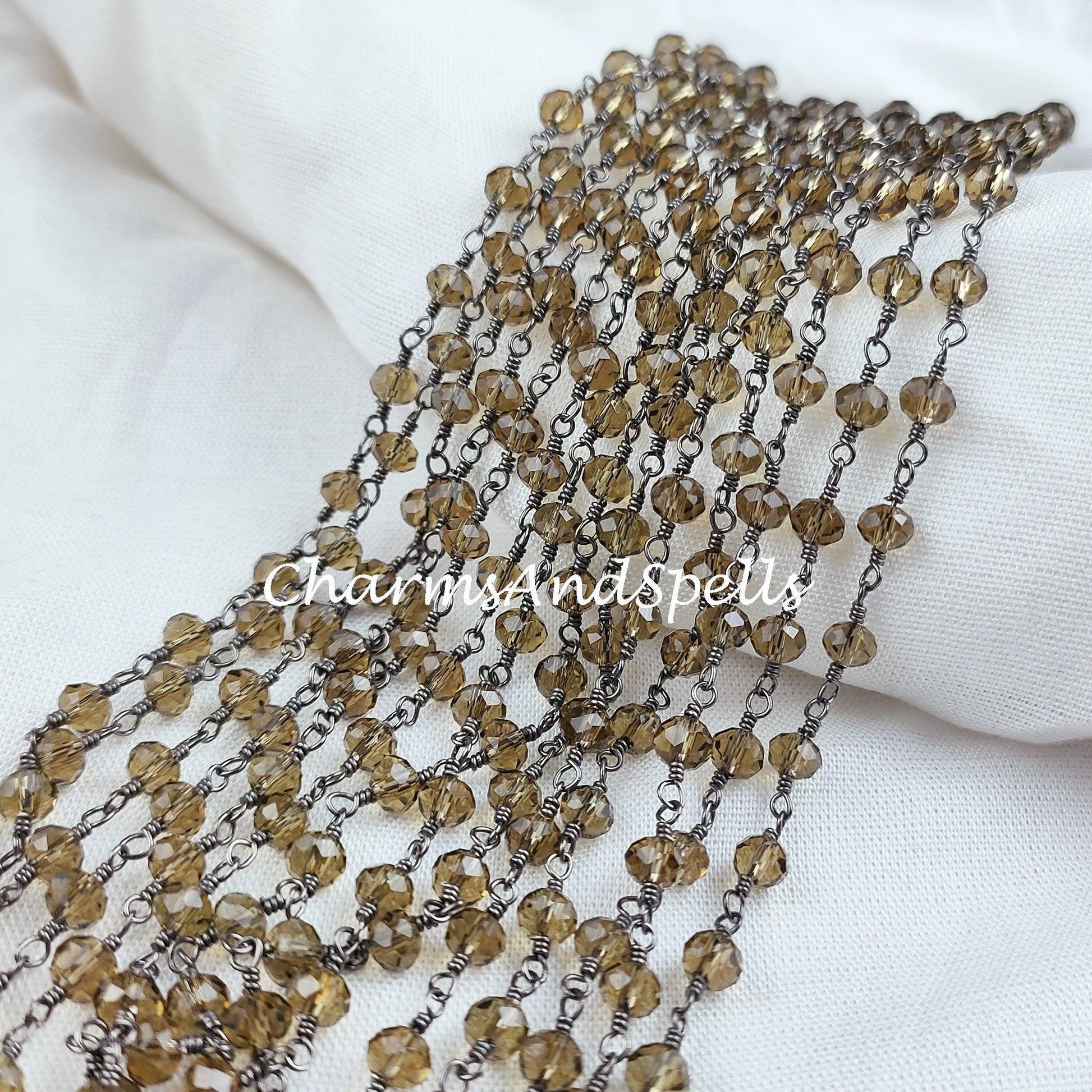 1 Feet Chain, Finished Smoky Quartz Beaded Chain, Wire Wrapped Beaded Chain, Rosary Bead Chain Semi Precious, Quartz Chain , DIY Jewelry Making Chain - Charms And Spells