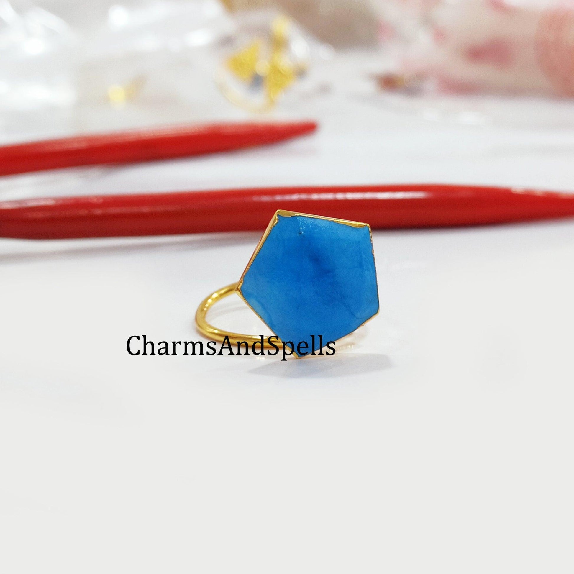 50% OFF On Turquoise Howlite Ring, Pentagon Ring, Statement Ring, Electroplated Ring, Adjustable Ring, Unique Ring - Charms And Spells