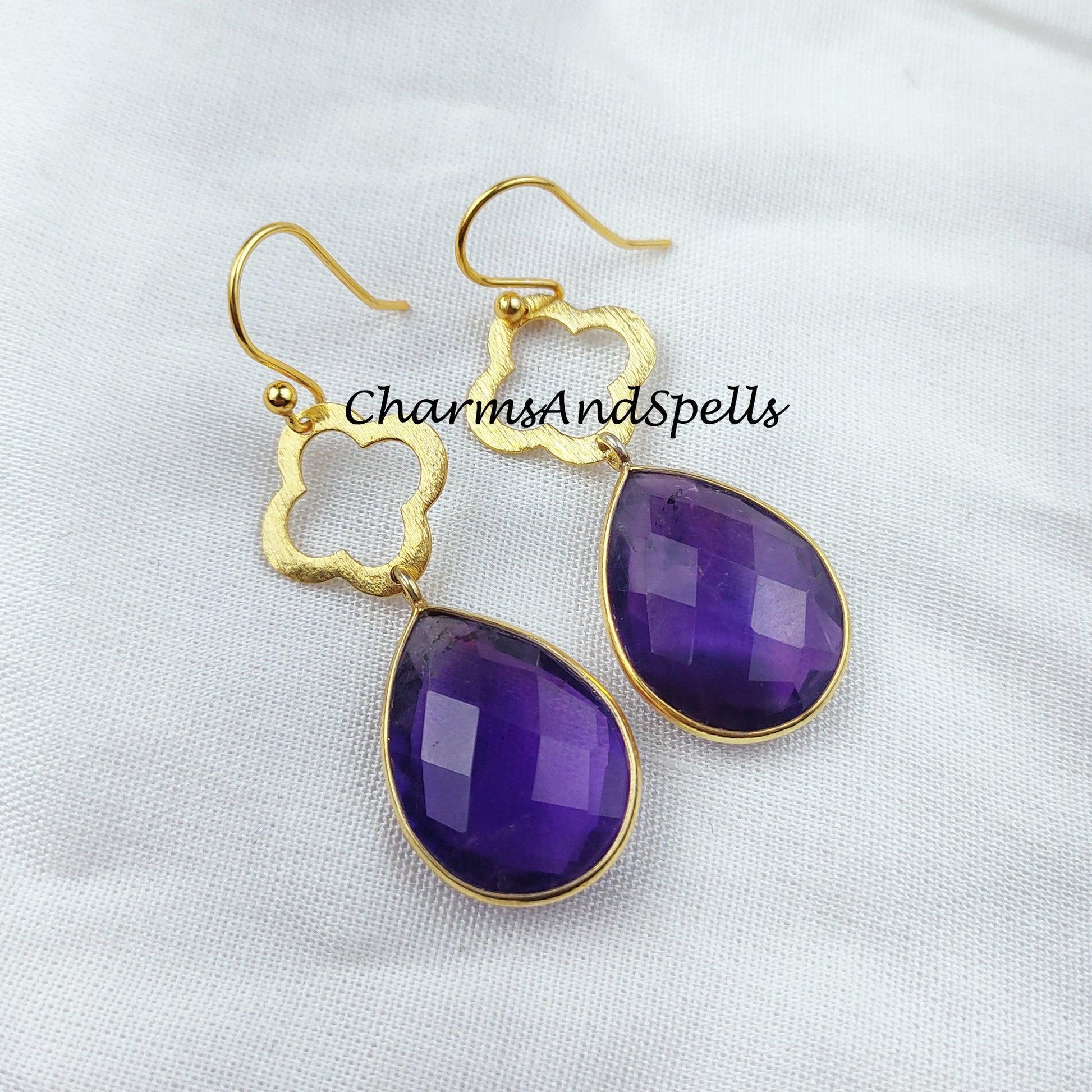 Purple Amethyst Earrings, February Birthstone Earrings, Gemstone Earrings, Gold Plated Earrings - Charms And Spells