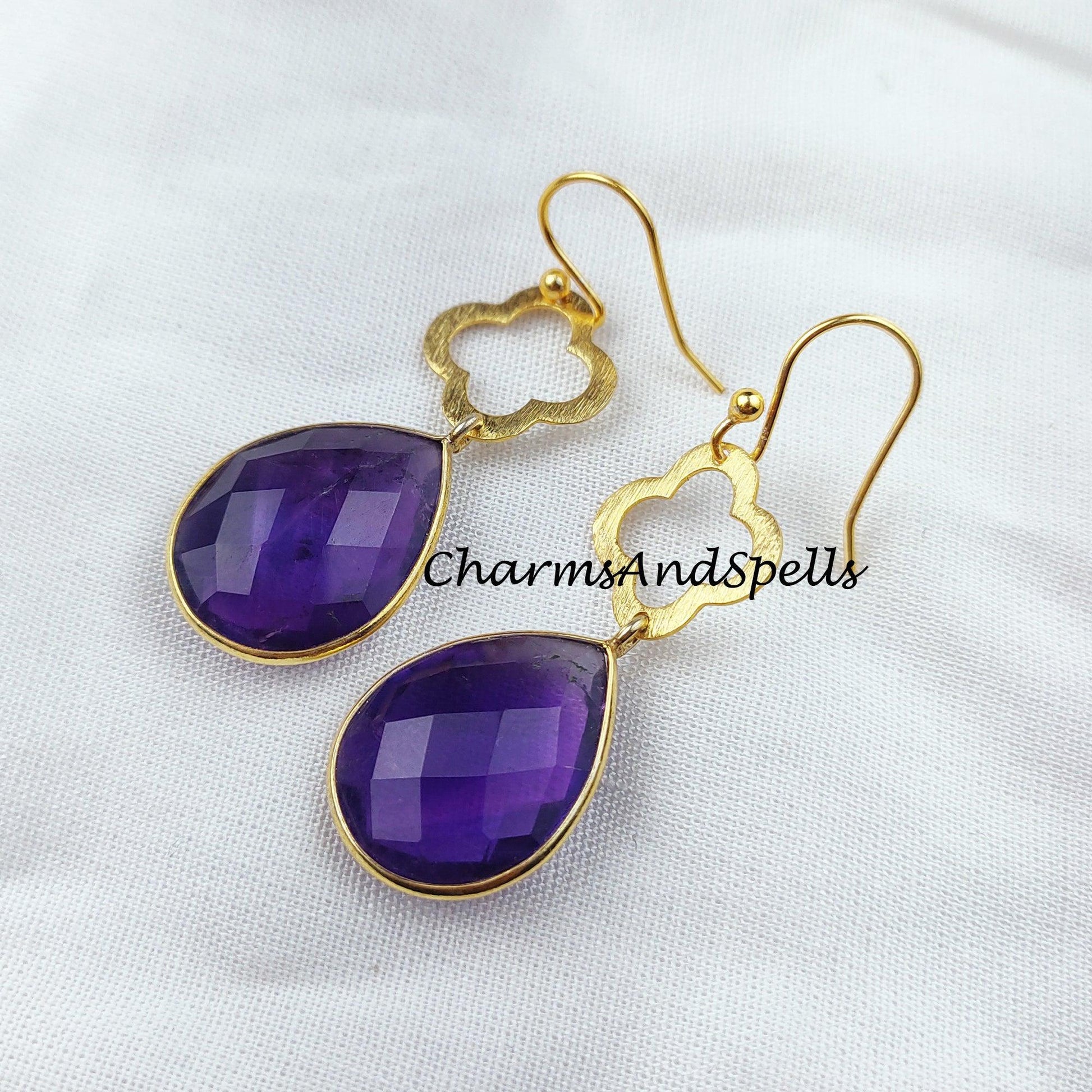 Purple Amethyst Earrings, February Birthstone Earrings, Gemstone Earrings, Gold Plated Earrings - Charms And Spells