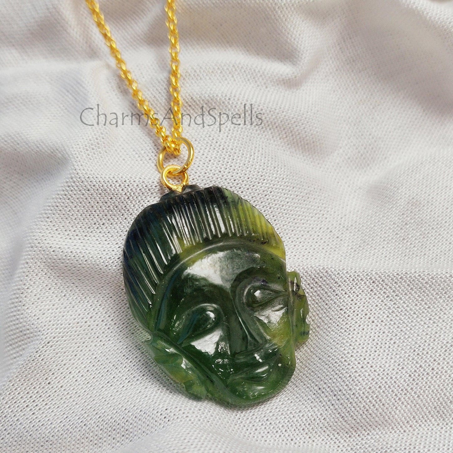 Green Aventurine Buddha Face Carving Necklace, Gold Plated Gemstone Pendant, Buddha Carving Pendant, Hand Carved Pendant, Beautiful Pendant - Charms And Spells