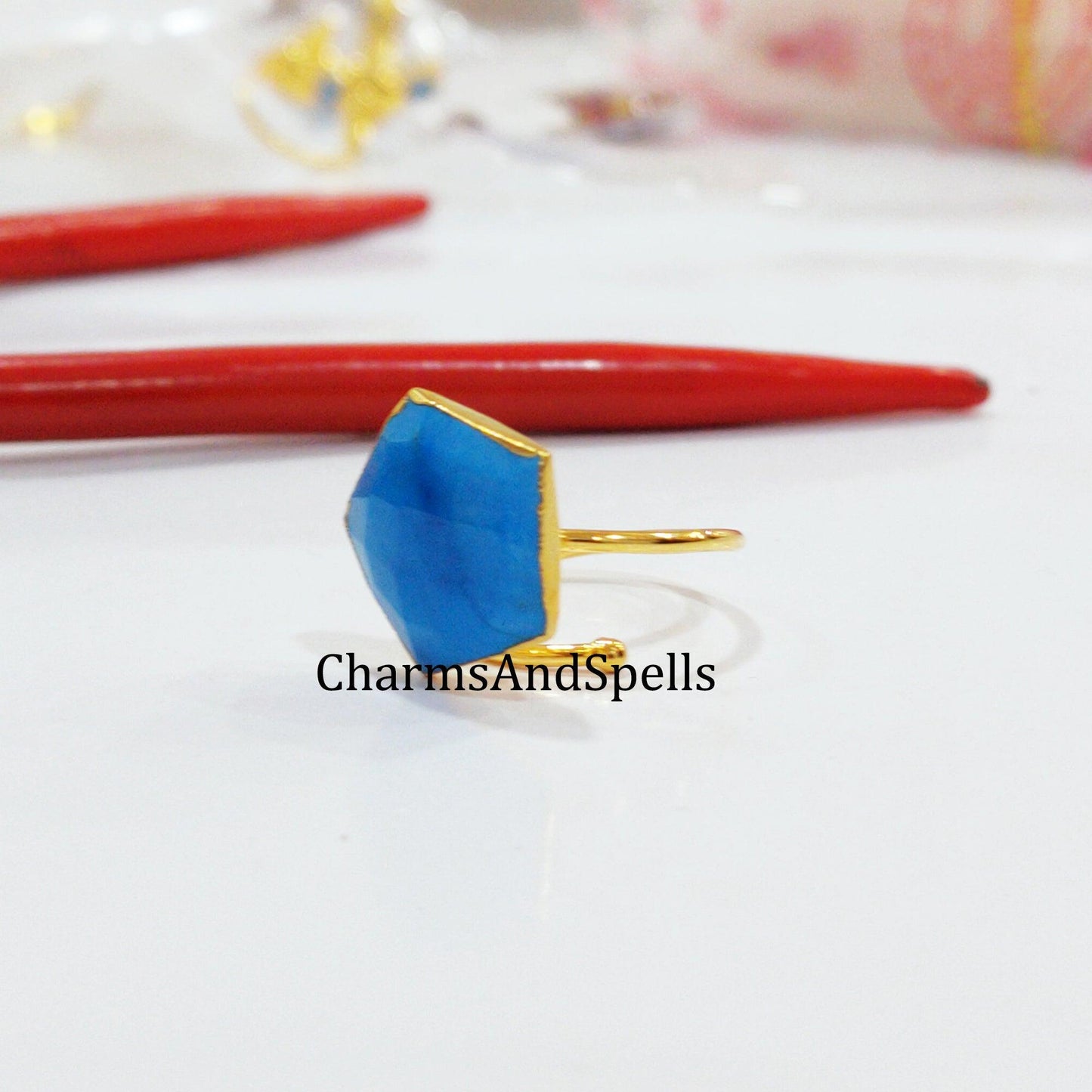 50% OFF On Turquoise Howlite Ring, Pentagon Ring, Statement Ring, Electroplated Ring, Adjustable Ring, Unique Ring - Charms And Spells