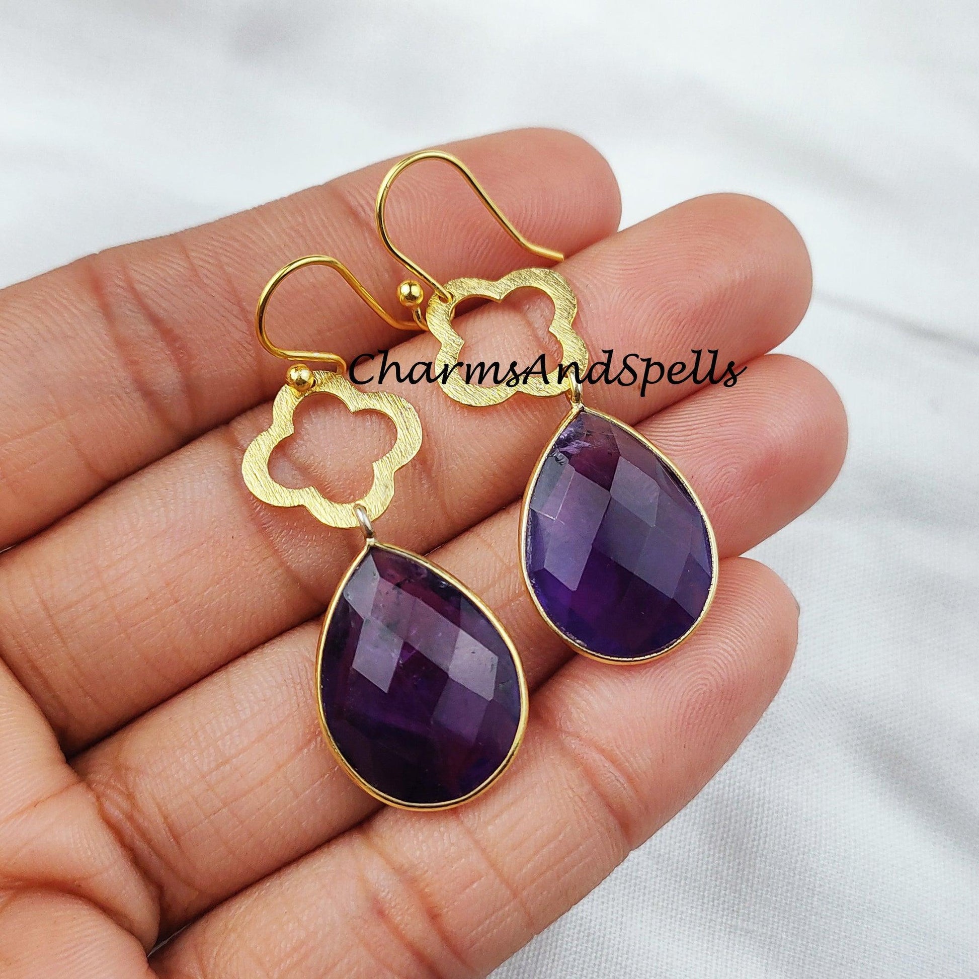 Purple Amethyst Earrings, February Birthstone Earrings, Gemstone Earrings, Gold Plated Earrings - Charms And Spells