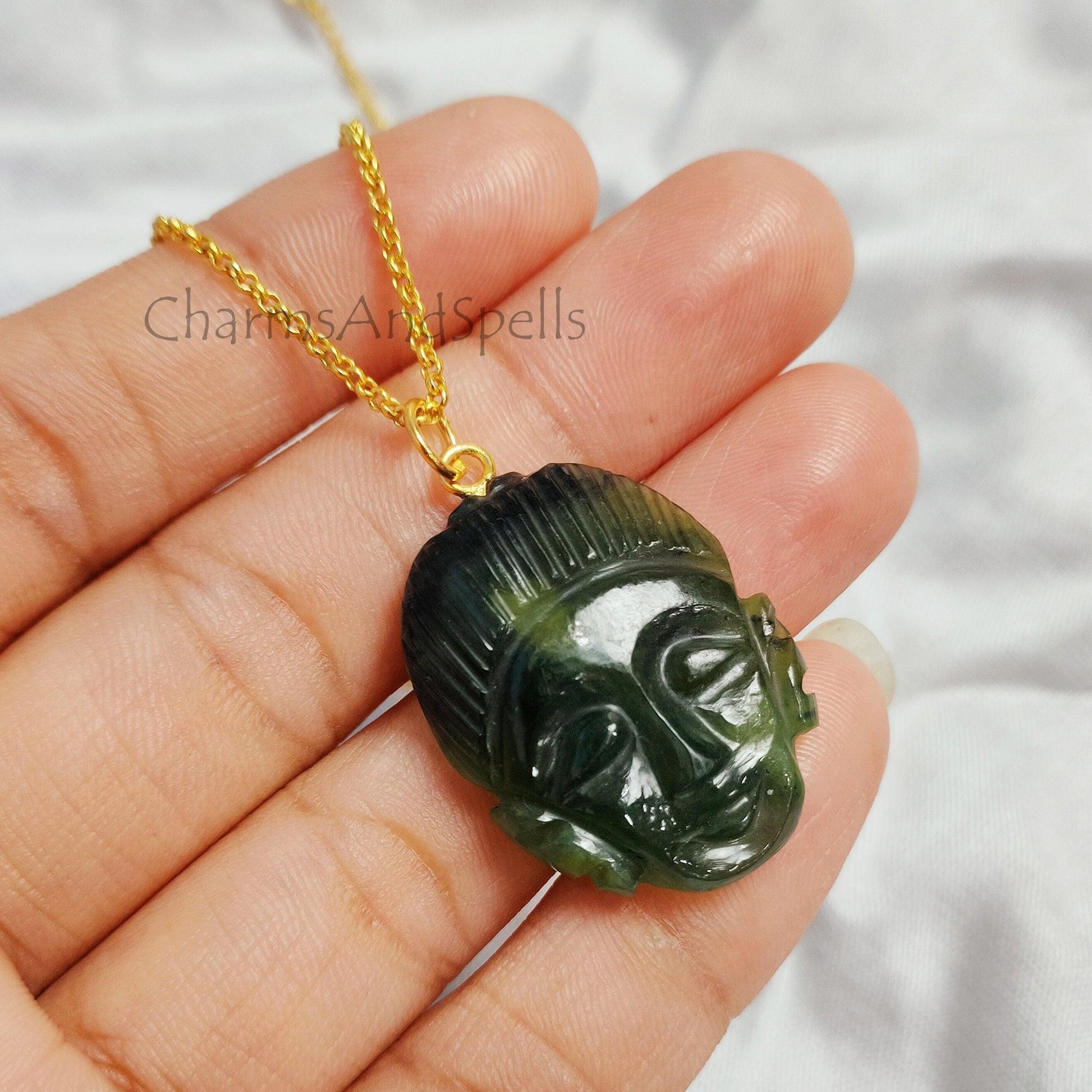 Green Aventurine Buddha Face Carving Necklace, Gold Plated Gemstone Pendant, Buddha Carving Pendant, Hand Carved Pendant, Beautiful Pendant - Charms And Spells