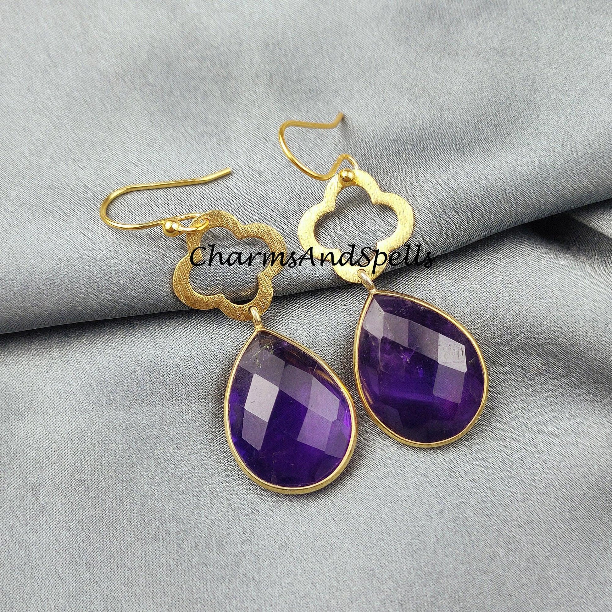 Purple Amethyst Earrings, February Birthstone Earrings, Gemstone Earrings, Gold Plated Earrings - Charms And Spells