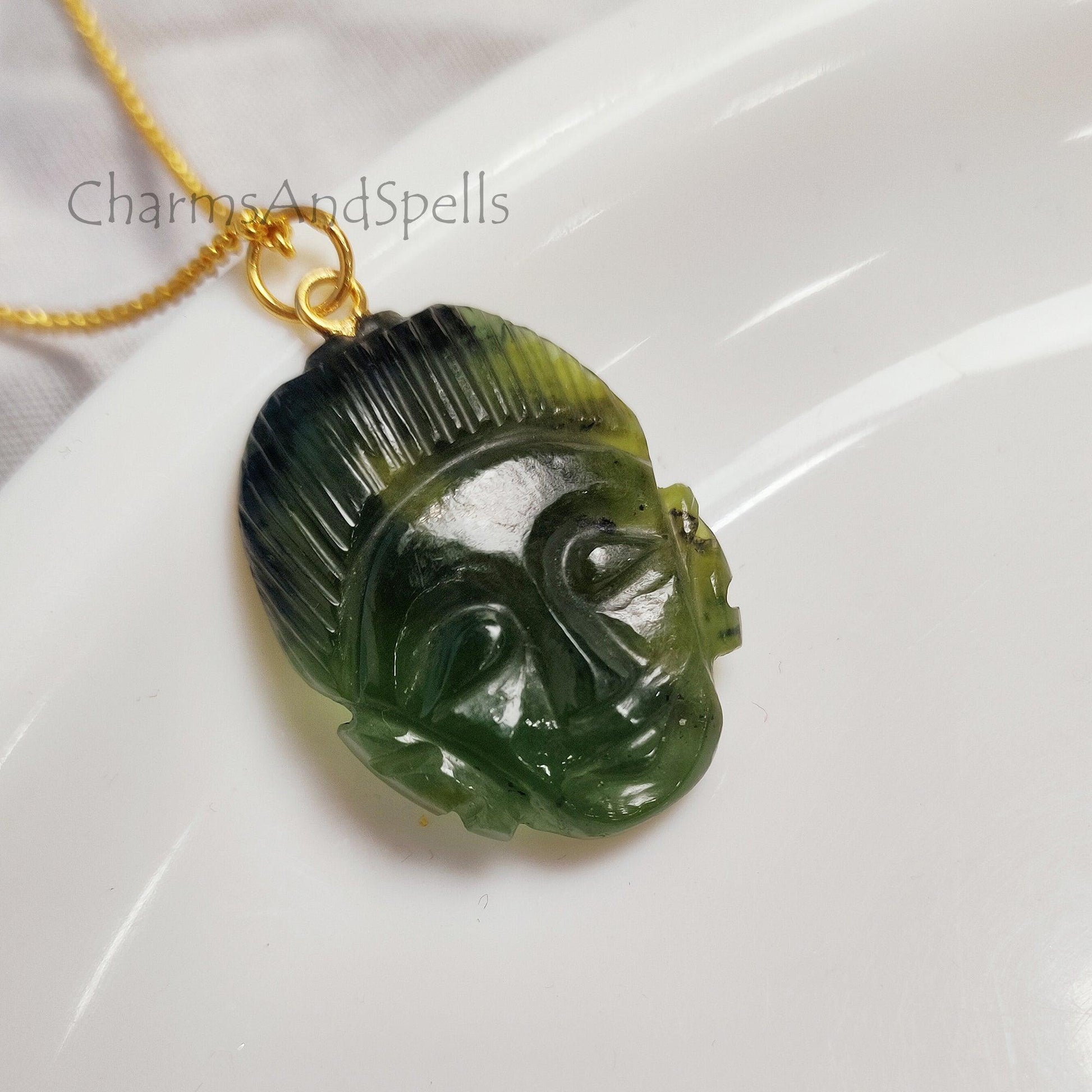 Green Aventurine Buddha Face Carving Necklace, Gold Plated Gemstone Pendant, Buddha Carving Pendant, Hand Carved Pendant, Beautiful Pendant - Charms And Spells