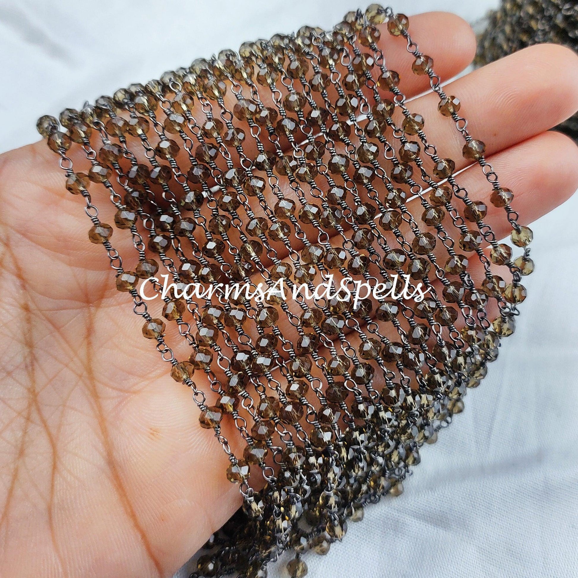 1 Feet Chain, Finished Smoky Quartz Beaded Chain, Wire Wrapped Beaded Chain, Rosary Bead Chain Semi Precious, Quartz Chain , DIY Jewelry Making Chain - Charms And Spells