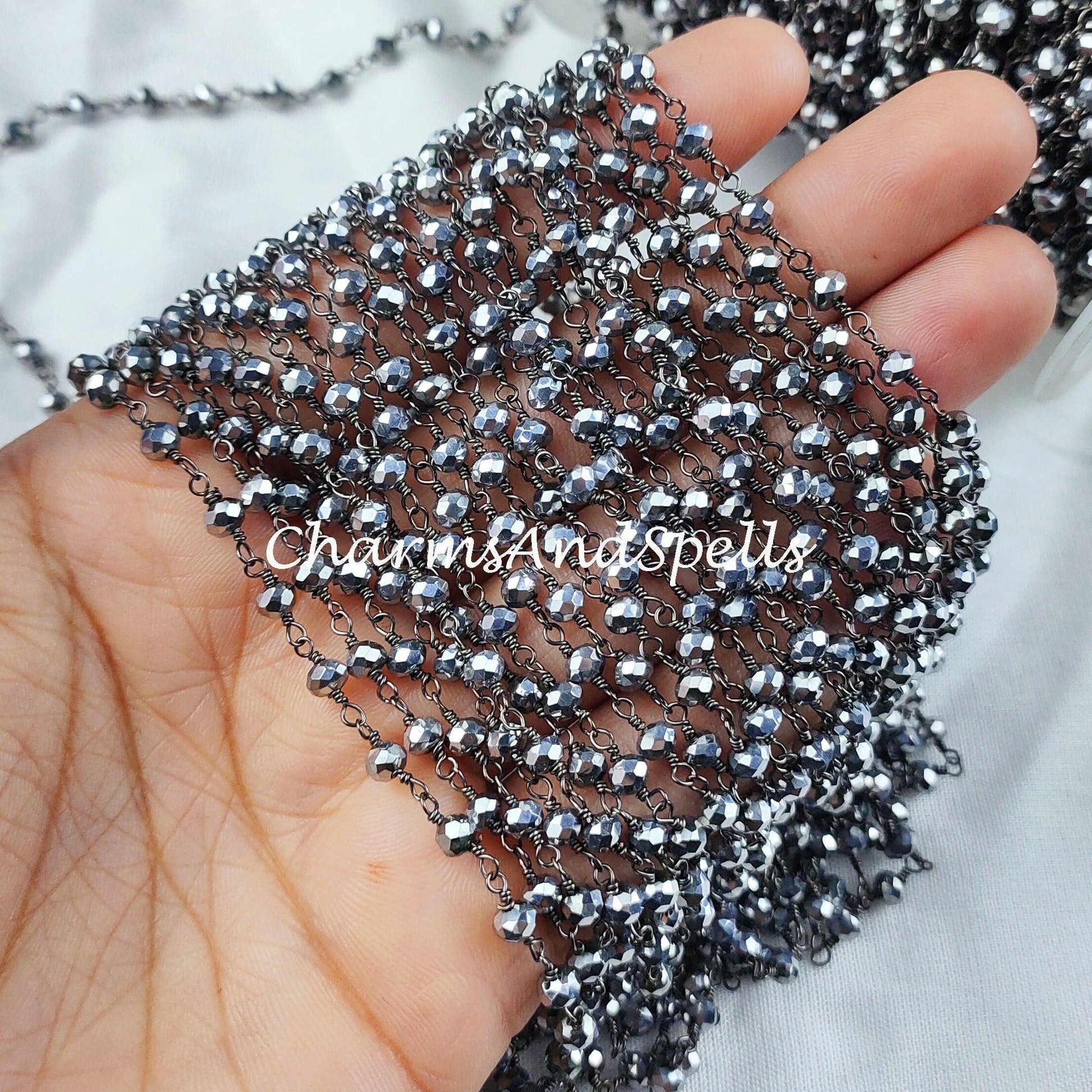 1 Feet Chain, Silver Coted Pyrite Rondelle Rosary Chain, Rondelle Gemstone Beads, Pyrite Beaded Chain, Black Plated Chain, DIY Necklace Chain - Charms And Spells