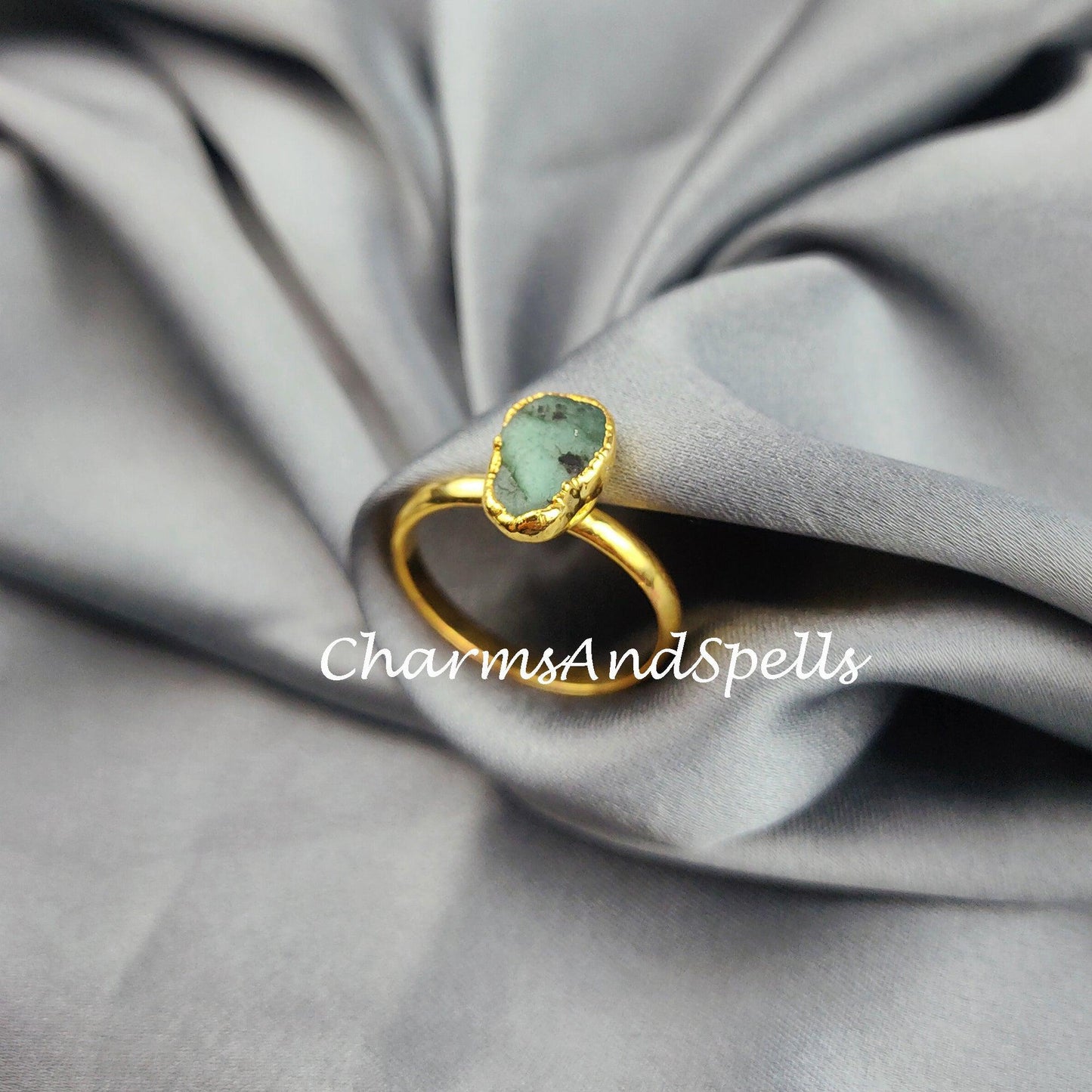 Natural Emerald Ring, 14K Gold Plated Ring, Electroplated Ring, Raw Emerald Ring, Statement Ring, Unique Ring, Dainty Ring - Charms And Spells