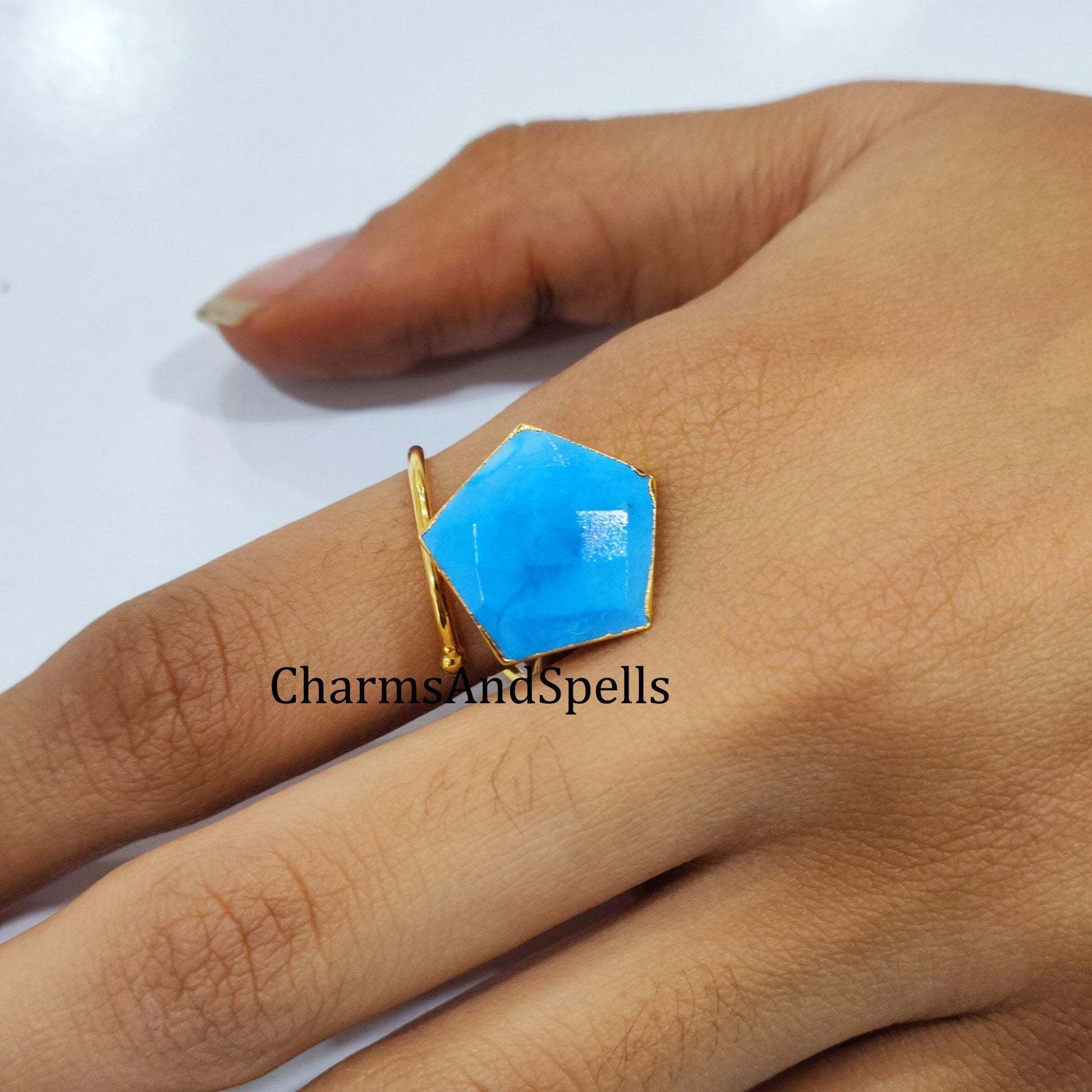 50% OFF On Turquoise Howlite Ring, Pentagon Ring, Statement Ring, Electroplated Ring, Adjustable Ring, Unique Ring - Charms And Spells