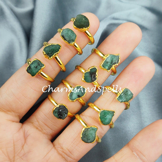 Natural Emerald Ring, 14K Gold Plated Ring, Electroplated Ring, Raw Emerald Ring, Statement Ring, Unique Ring, Dainty Ring - Charms And Spells