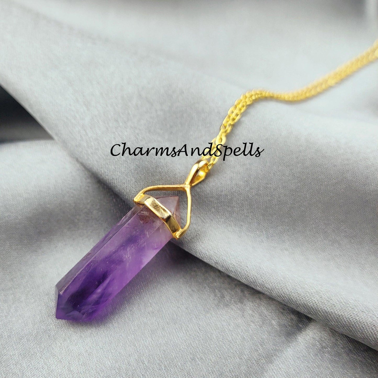 Natural Amethyst Necklace, Pencil Pendant, Gold Plated Necklace, February Birthstone Necklace, Healing Stone Necklace - Charms And Spells