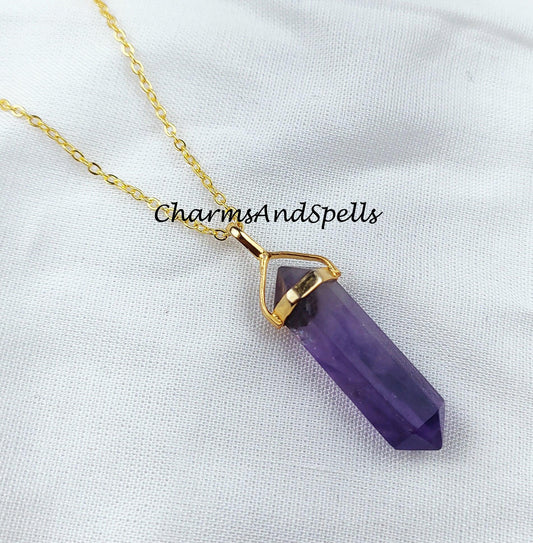 Natural Amethyst Necklace, Pencil Pendant, Gold Plated Necklace, February Birthstone Necklace, Healing Stone Necklace - Charms And Spells