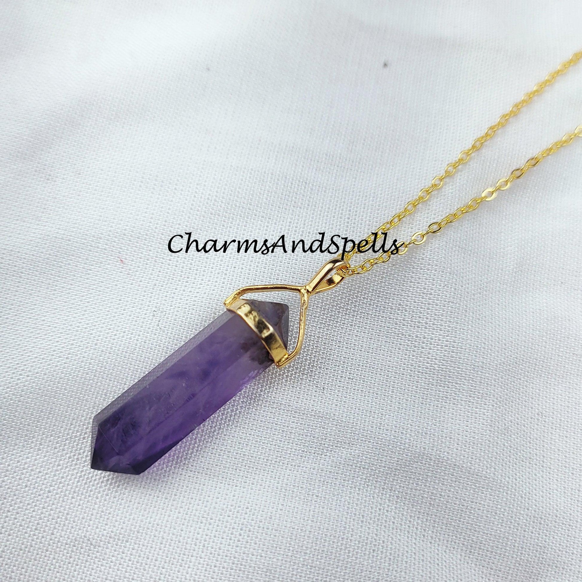 Natural Amethyst Necklace, Pencil Pendant, Gold Plated Necklace, February Birthstone Necklace, Healing Stone Necklace - Charms And Spells