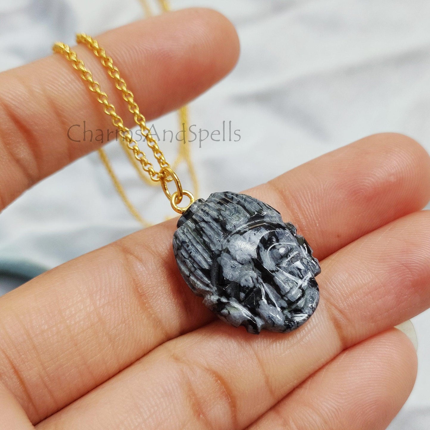 Snowflake Obsidian Buddha Face Carving Necklace, Gold Plated Face Carving Pendant, Obsidian Pendant Necklace, Boho Healing Crystal Necklace - Charms And Spells