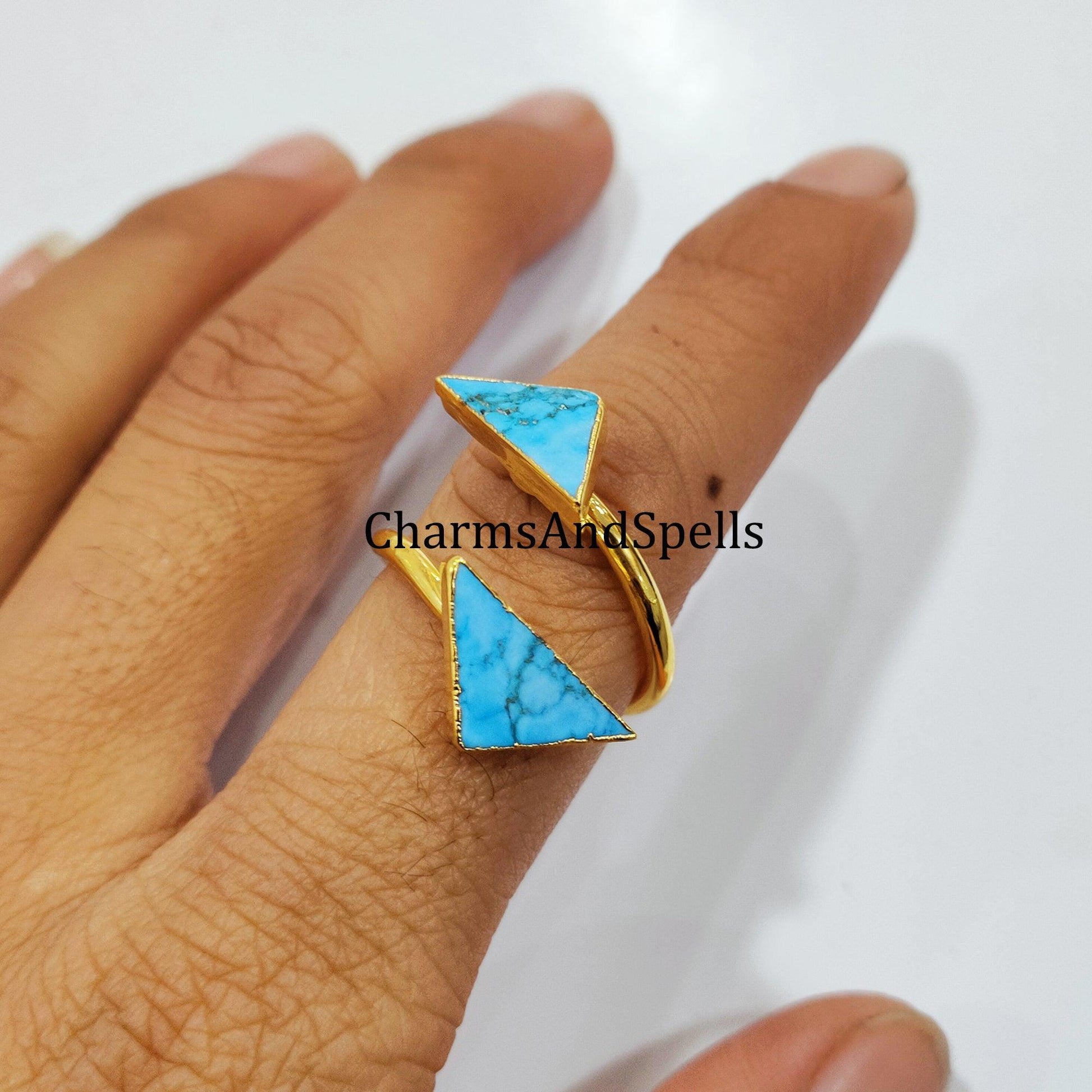 Turquoise Howlite Ring, Geometric Ring, Birthstone Ring, Electroplated Ring, Adjustable Ring, December Ring, Gift For Women - Charms And Spells