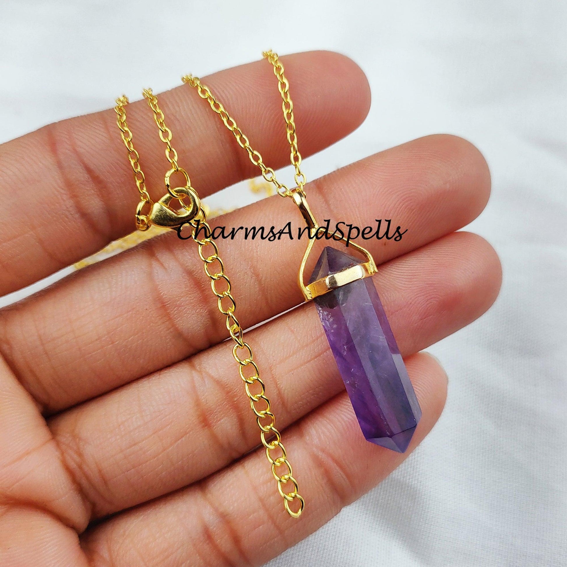 Natural Amethyst Necklace, Pencil Pendant, Gold Plated Necklace, February Birthstone Necklace, Healing Stone Necklace - Charms And Spells