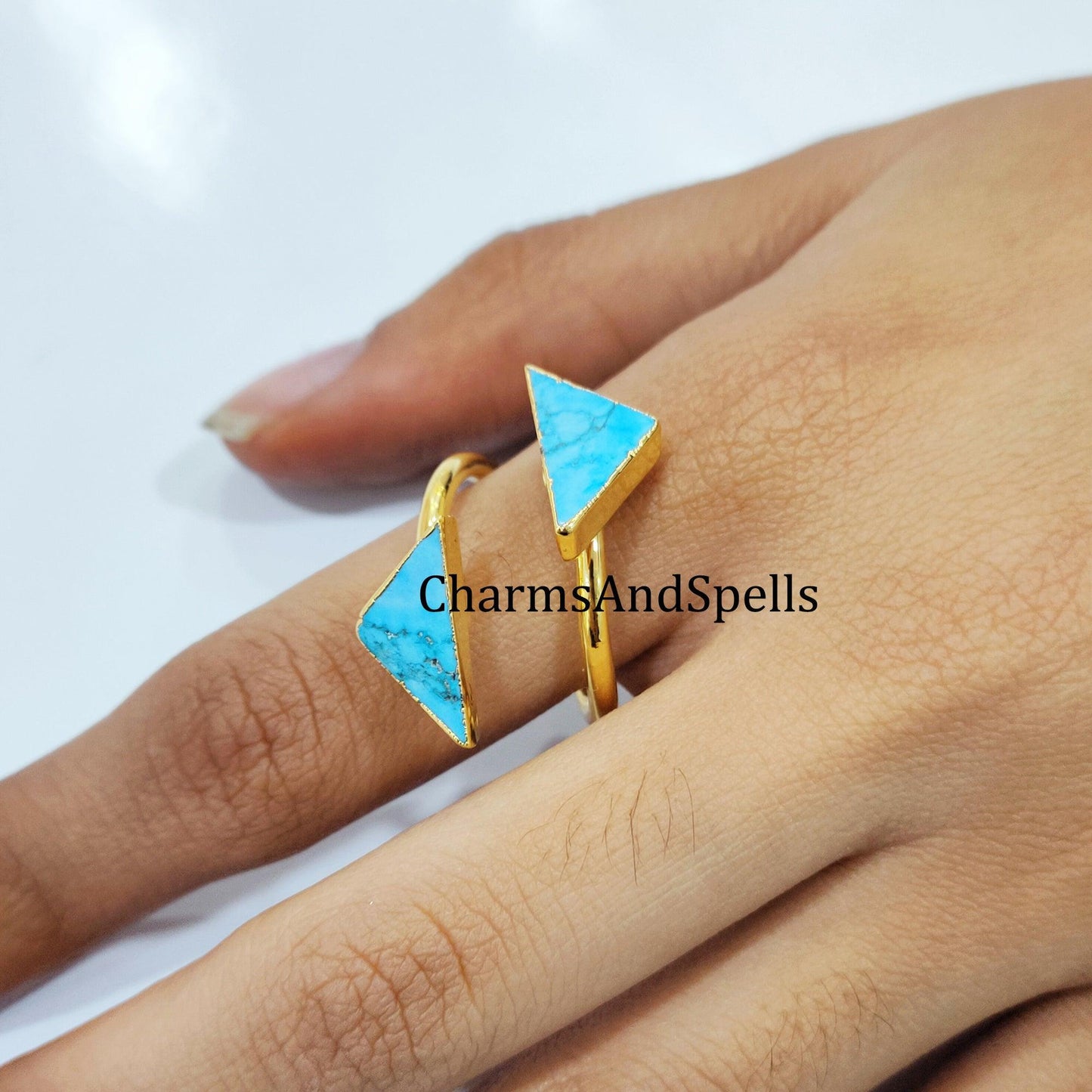 Turquoise Howlite Ring, Geometric Ring, Birthstone Ring, Electroplated Ring, Adjustable Ring, December Ring, Gift For Women - Charms And Spells