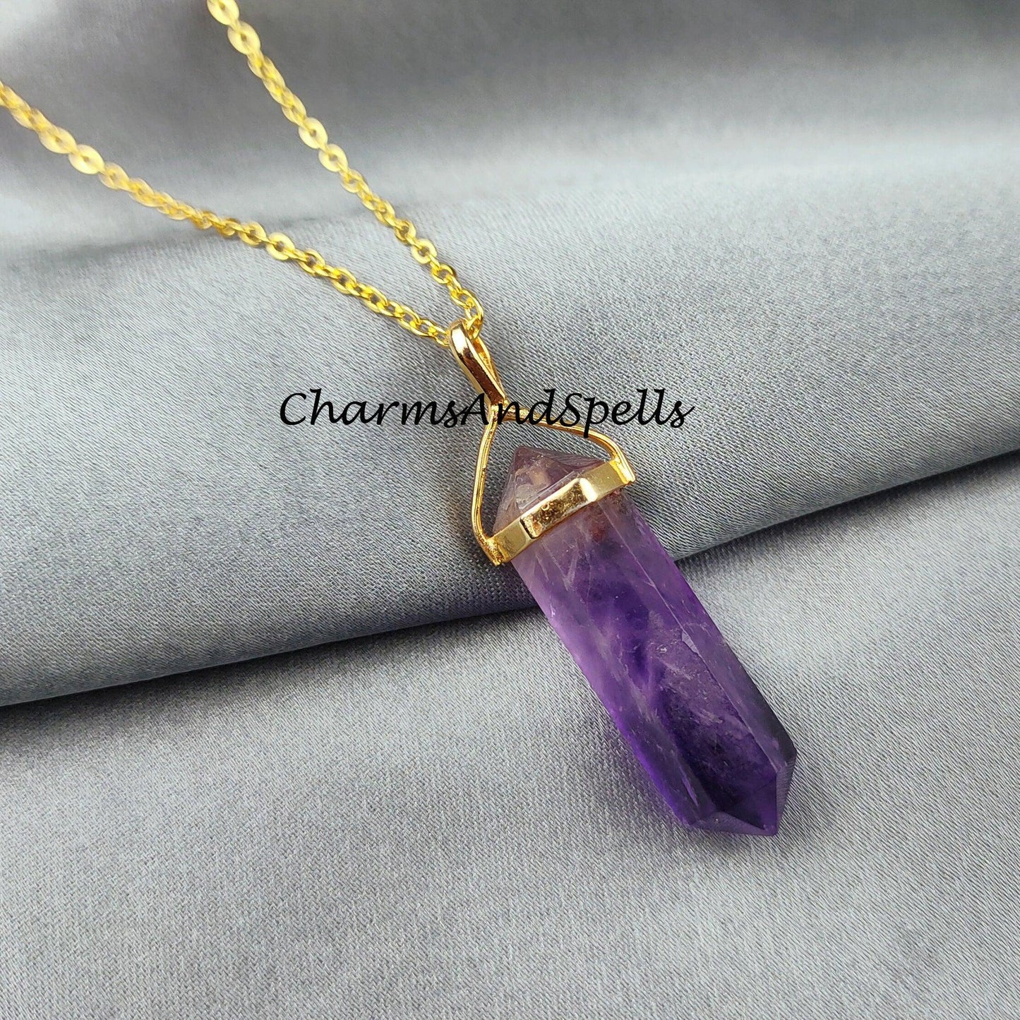 Natural Amethyst Necklace, Pencil Pendant, Gold Plated Necklace, February Birthstone Necklace, Healing Stone Necklace - Charms And Spells