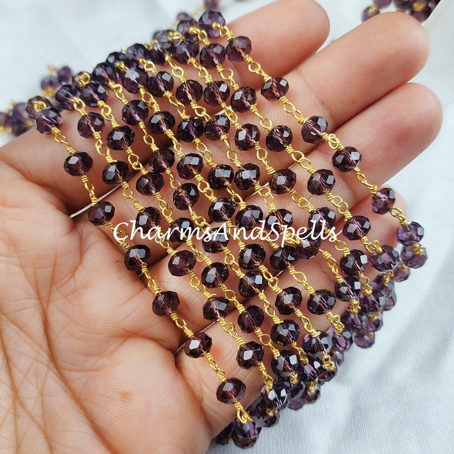 1 Feet Chain, methyst Wire Wrapped Beaded Chain, 14K Gold Plated 5-6mm Beaded Chain, DIY Crystal Wire Wrapped Rosary Chain, Sold In Wholesale - Charms And Spells