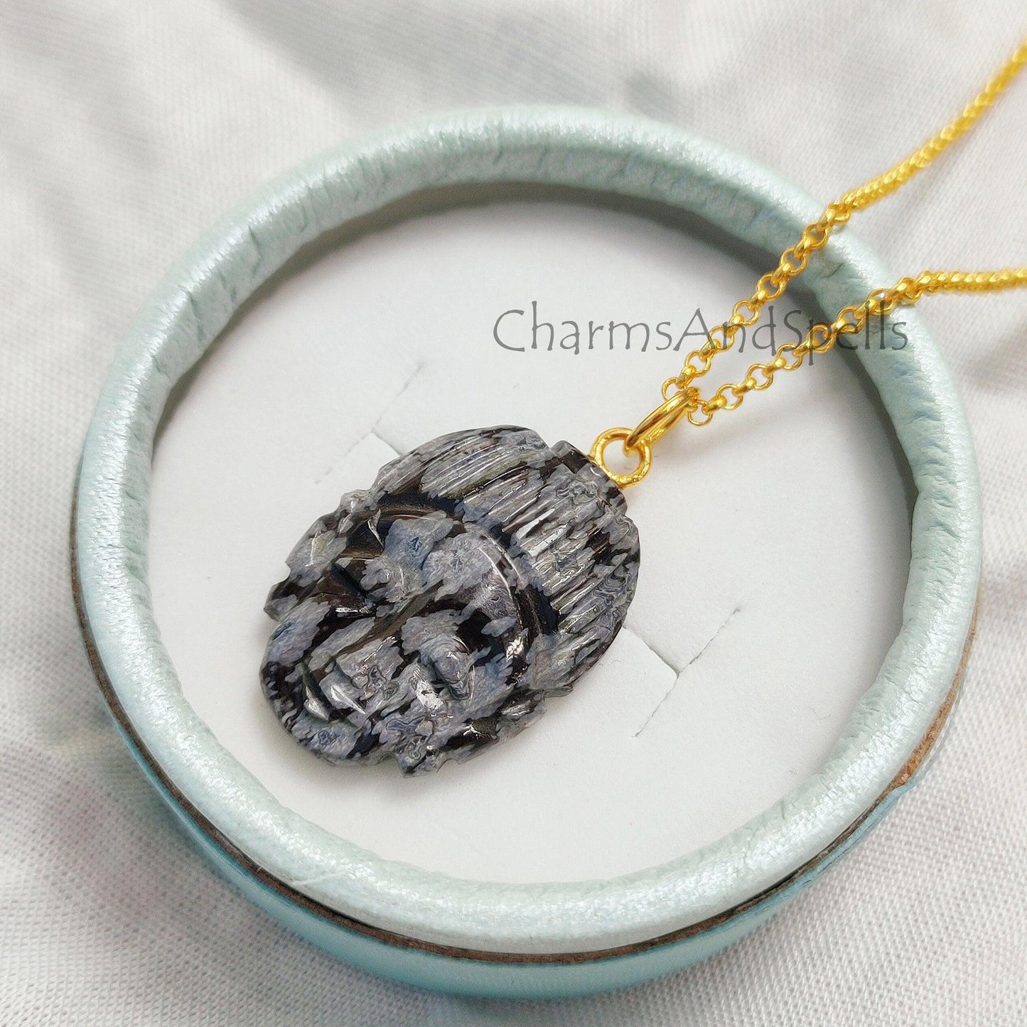 Snowflake Obsidian Buddha Face Carving Necklace, Gold Plated Face Carving Pendant, Obsidian Pendant Necklace, Boho Healing Crystal Necklace - Charms And Spells