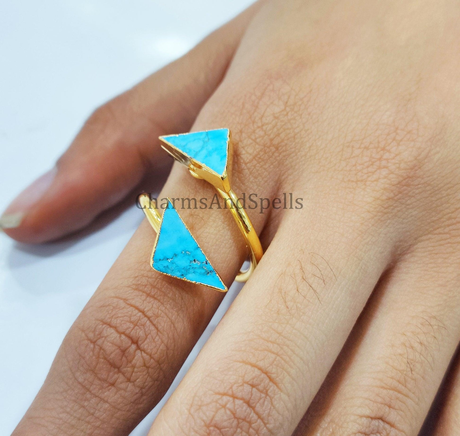 Turquoise Howlite Ring, Geometric Ring, Birthstone Ring, Electroplated Ring, Adjustable Ring, December Ring, Gift For Women - Charms And Spells