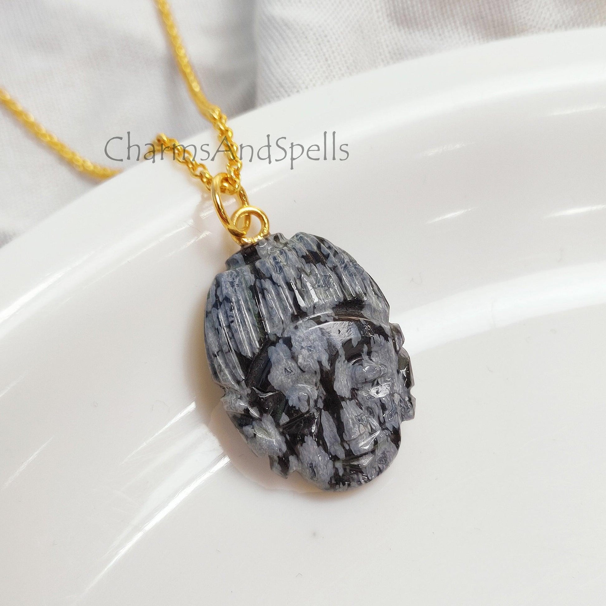 Snowflake Obsidian Buddha Face Carving Necklace, Gold Plated Face Carving Pendant, Obsidian Pendant Necklace, Boho Healing Crystal Necklace - Charms And Spells